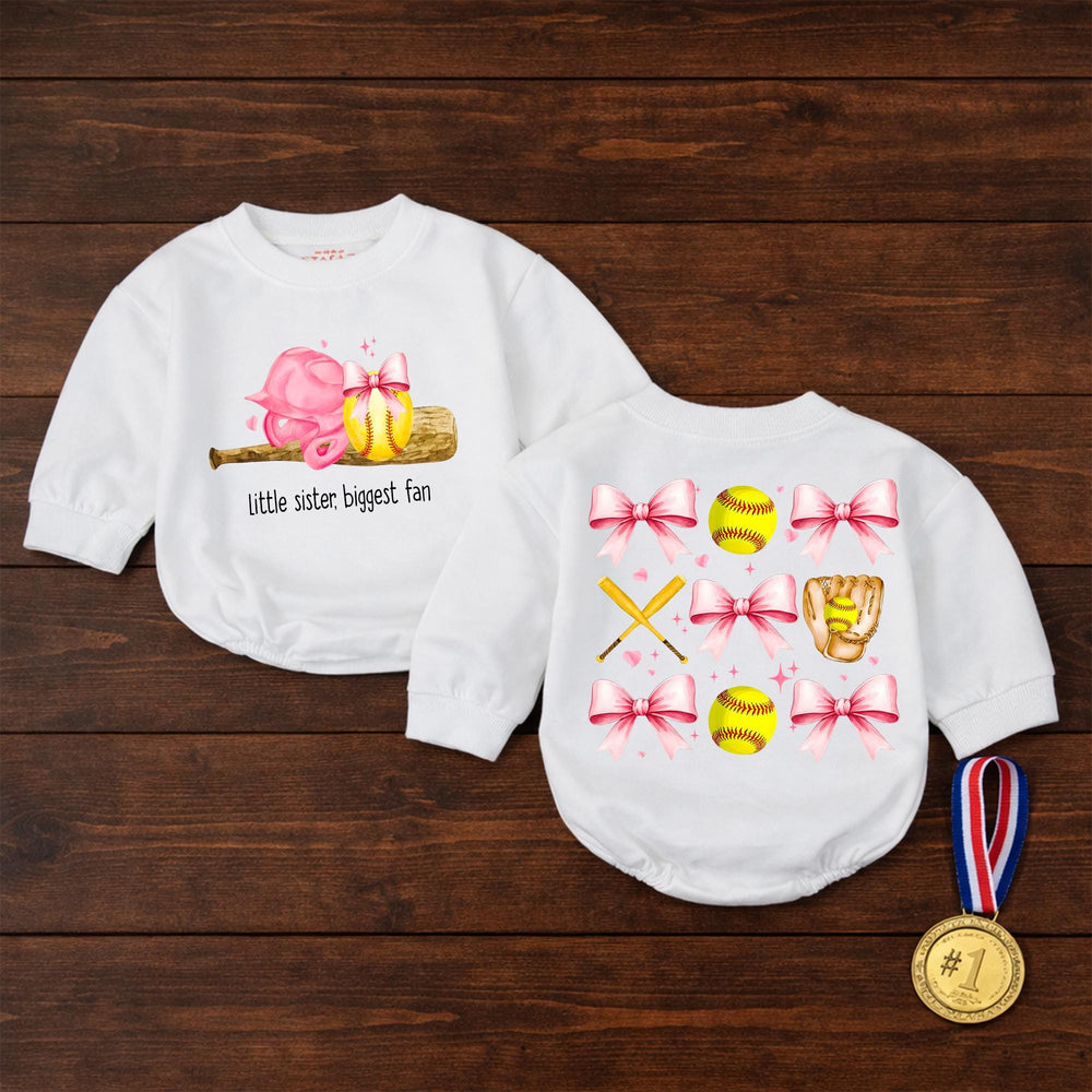 Little Sister Biggest Fan Softball Bubble Romper Baby Girl Game Day Outfit with Pink Bow Accents Comfortable Cotton Design
