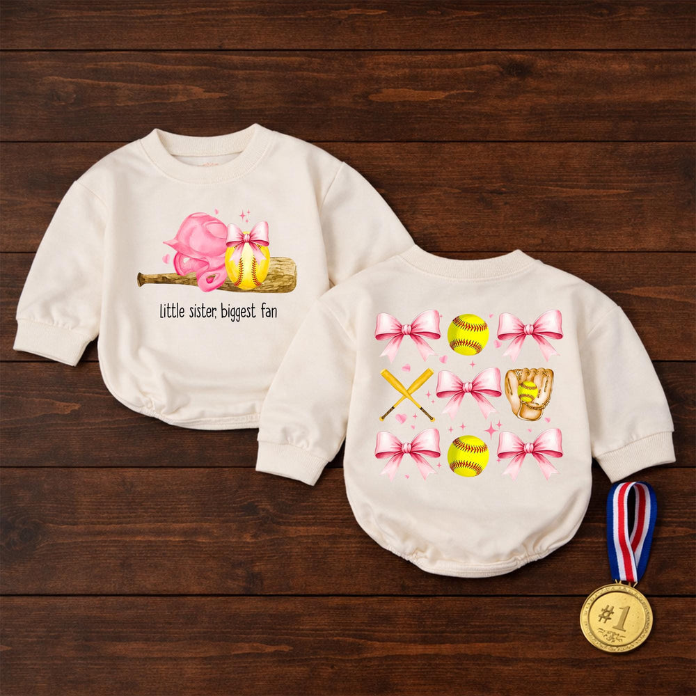 Little Sister Biggest Fan Softball Bubble Romper Baby Girl Game Day Outfit with Pink Bow Accents Comfortable Cotton Design