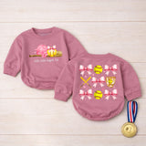 Little Sister Biggest Fan Softball Bubble Romper Baby Girl Game Day Outfit with Pink Bow Accents Comfortable Cotton Design