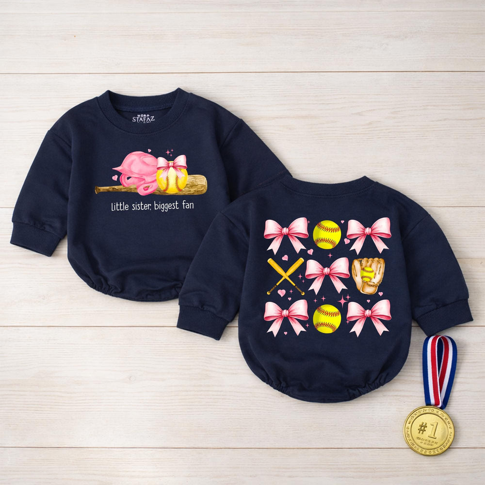 Little Sister Biggest Fan Softball Bubble Romper Baby Girl Game Day Outfit with Pink Bow Accents Comfortable Cotton Design