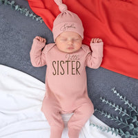 Little Sister Newborn Outfit with Personalized Hat, Baby Girl Coming Home Bodysuit, Infant Clothes Gift for Girls, Custom Name Sophia