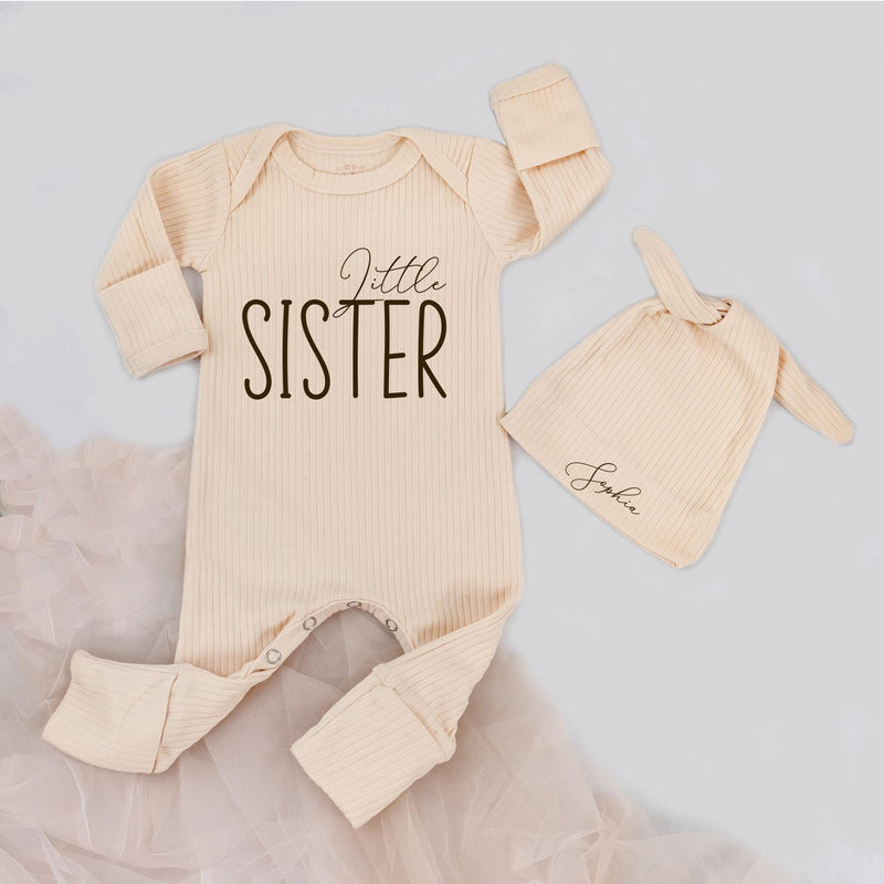 Little Sister Newborn Outfit with Personalized Hat, Baby Girl Coming Home Bodysuit, Infant Clothes Gift for Girls, Custom Name Sophia