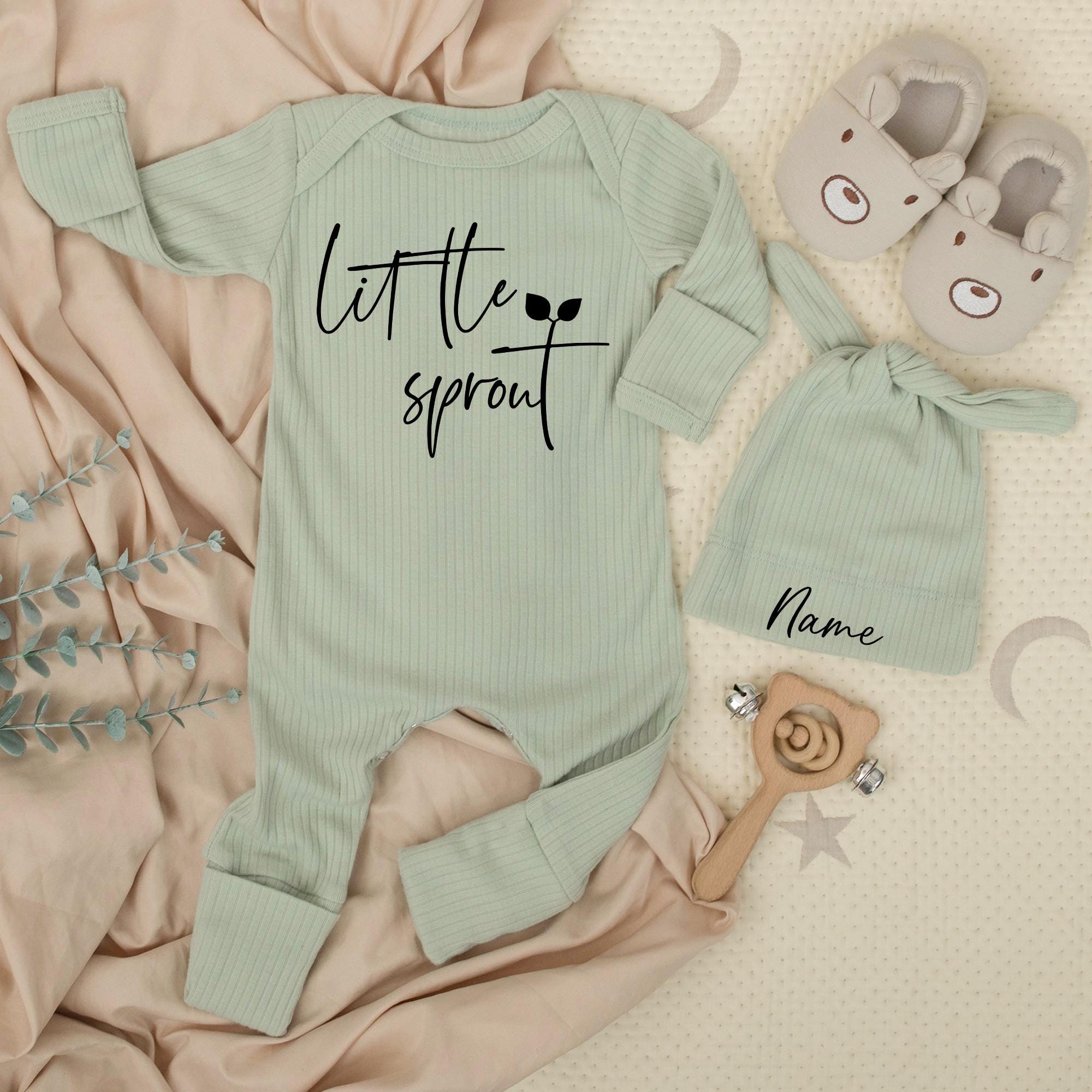 Little Sprout Baby Bodysuit and Hat Set with Custom Name Minimal Botanical Design Baby Shower Gift Soft Cotton Newborn Coming Home Outfit