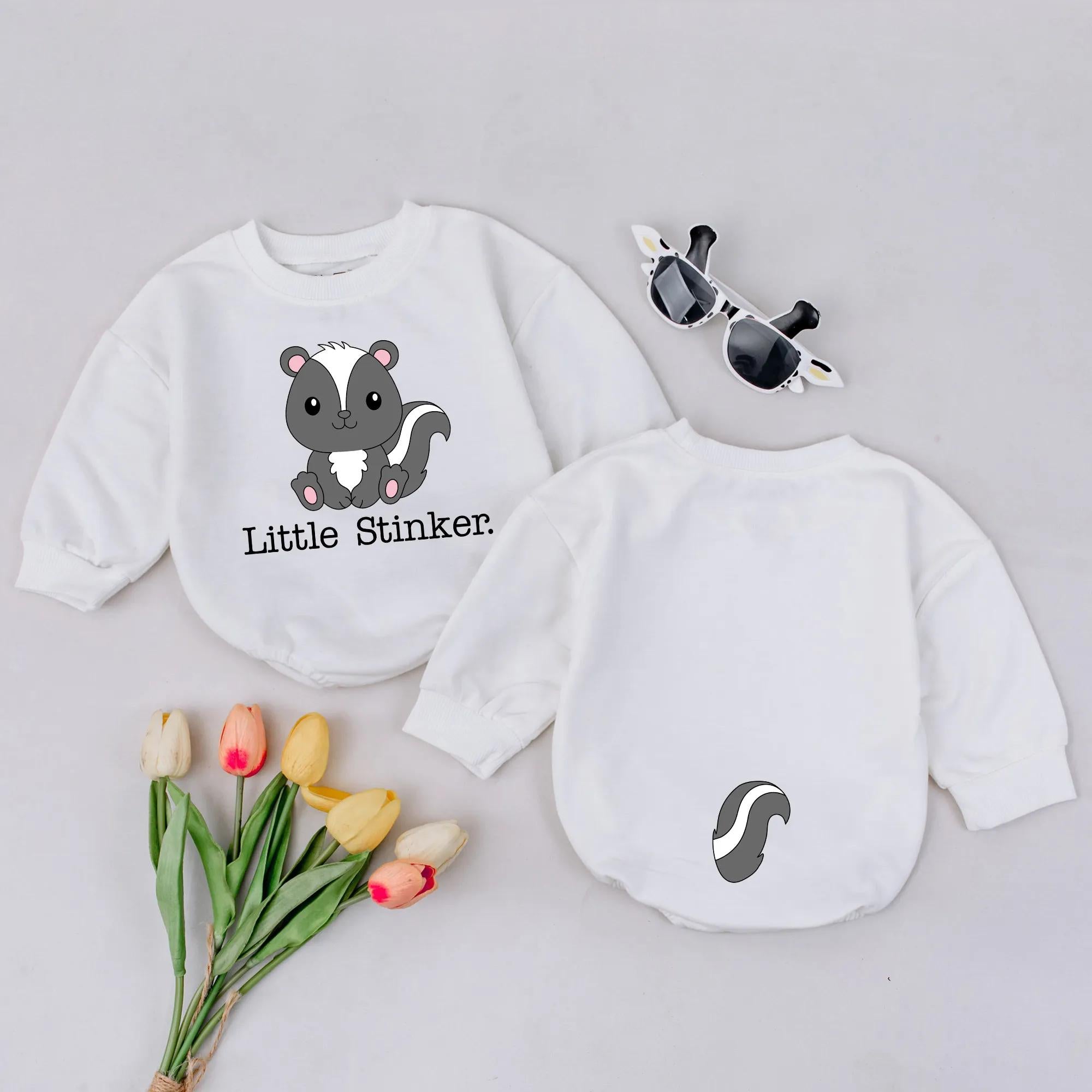 Little Stinker Skunk Romper Adorable Cartoon Baby Outfit Gender Neutral Soft Cotton Birthday Gift Double Sided Design Playful Baby Clothes