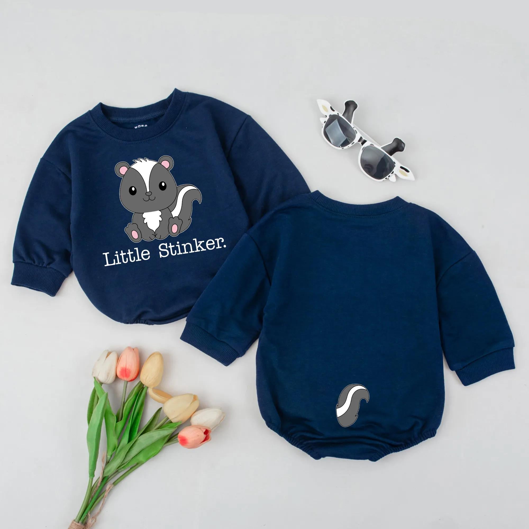 Little Stinker Skunk Romper Adorable Cartoon Baby Outfit Gender Neutral Soft Cotton Birthday Gift Double Sided Design Playful Baby Clothes