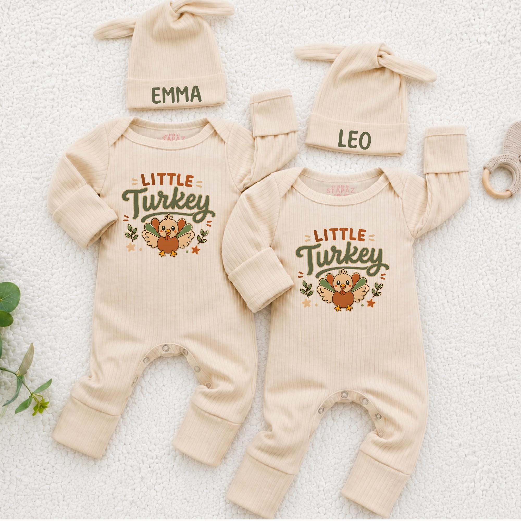Little Turkey Baby Bodysuit and Hat Set with Custom Name, Thanksgiving Twin Outfit, Fall Coming Home Matching Family Clothes