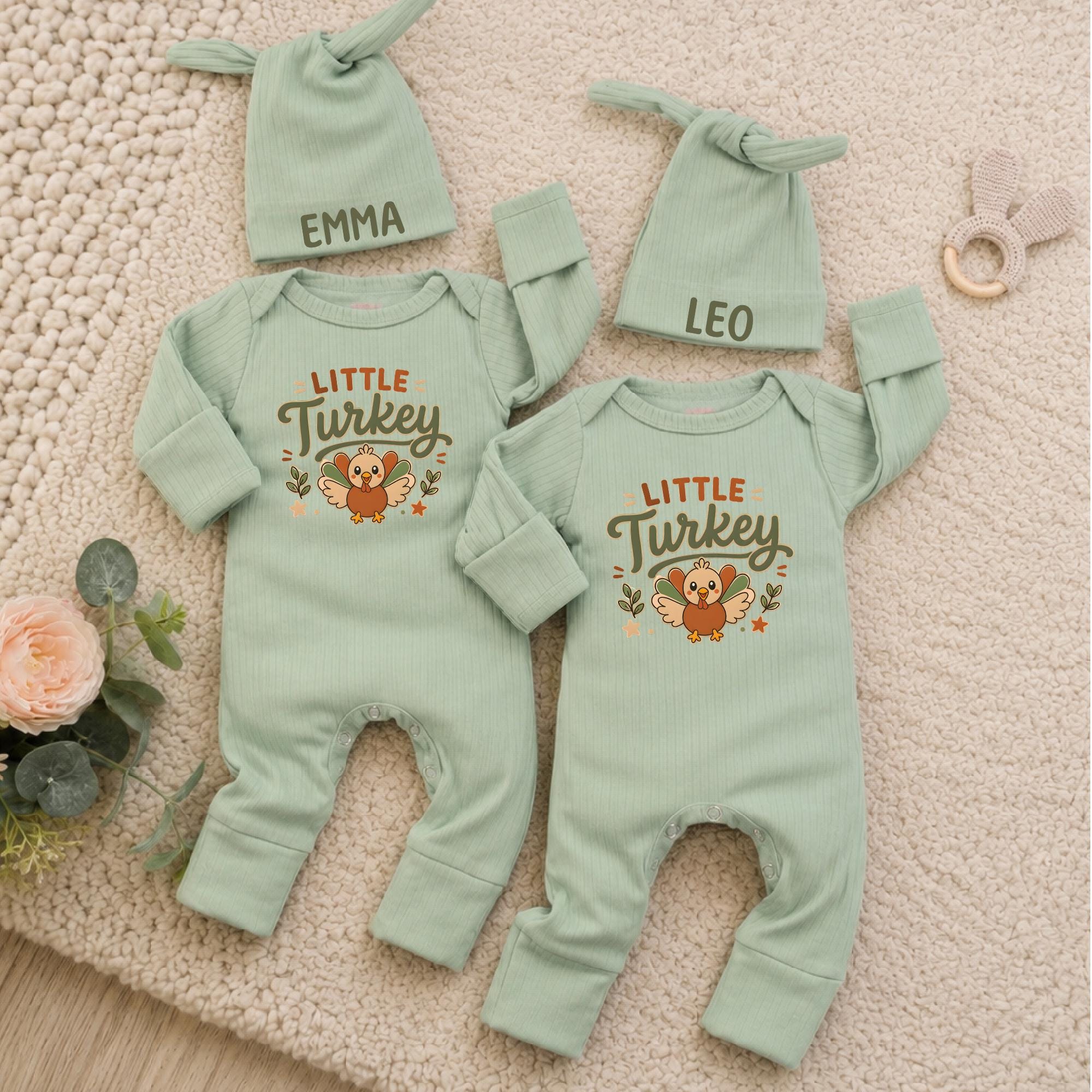 Little Turkey Baby Bodysuit and Hat Set with Custom Name, Thanksgiving Twin Outfit, Fall Coming Home Matching Family Clothes