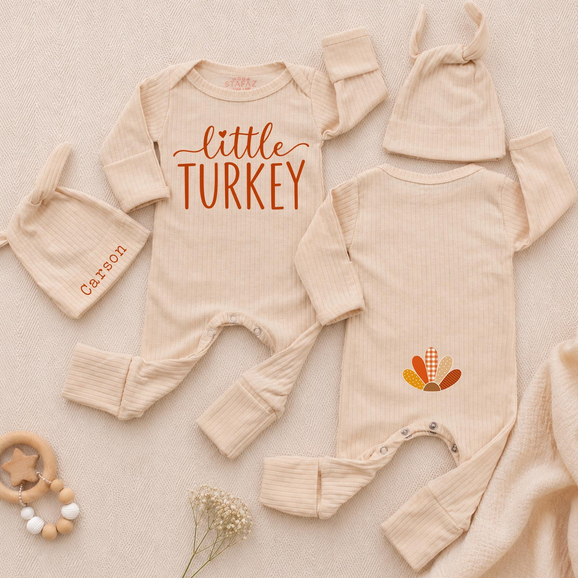 Little Turkey Baby Bodysuit with Thanksgiving Turkey Graphic and Custom Name Hat, Newborn Fall Outfit and Baby Shower Gift