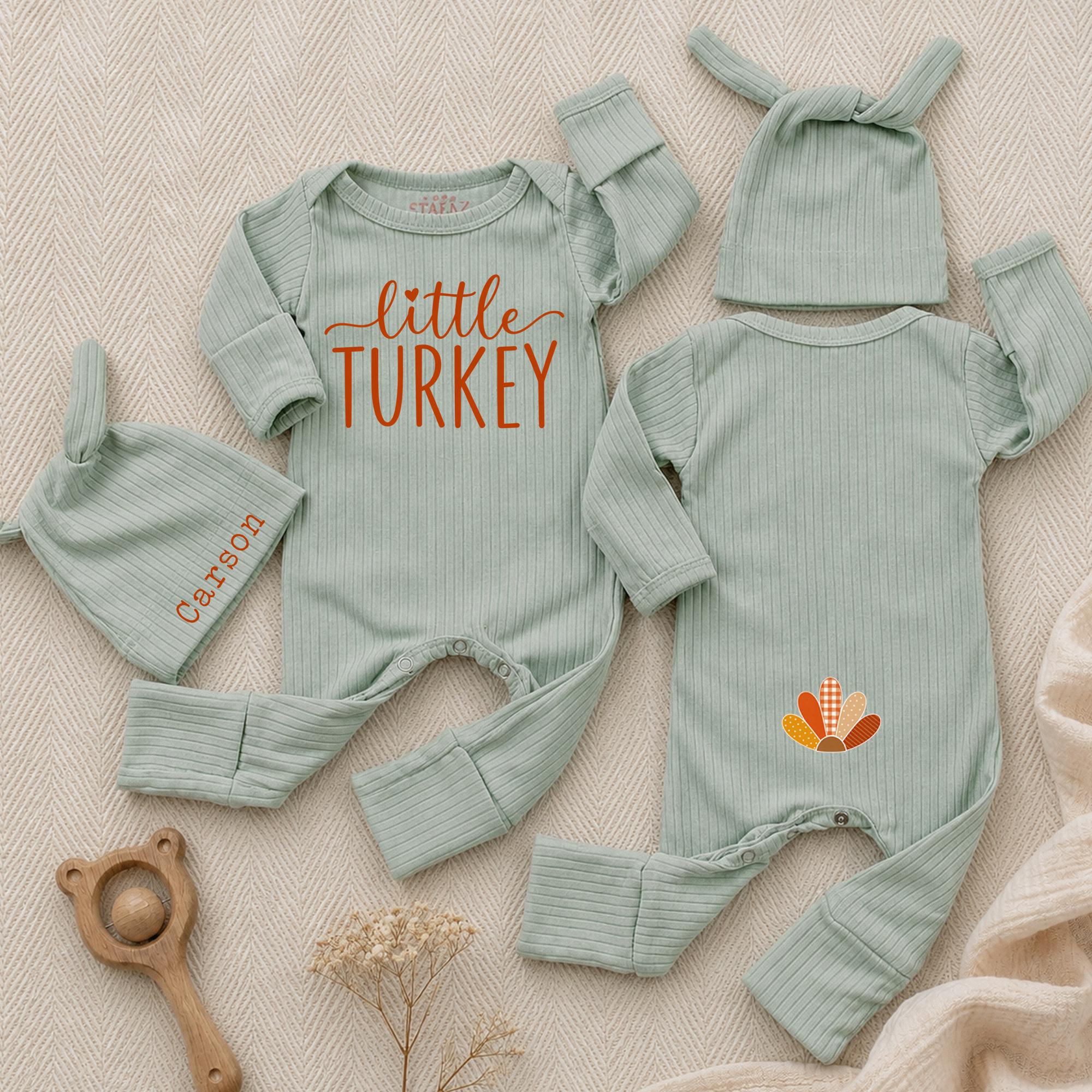 Little Turkey Baby Bodysuit with Thanksgiving Turkey Graphic and Custom Name Hat, Newborn Fall Outfit and Baby Shower Gift