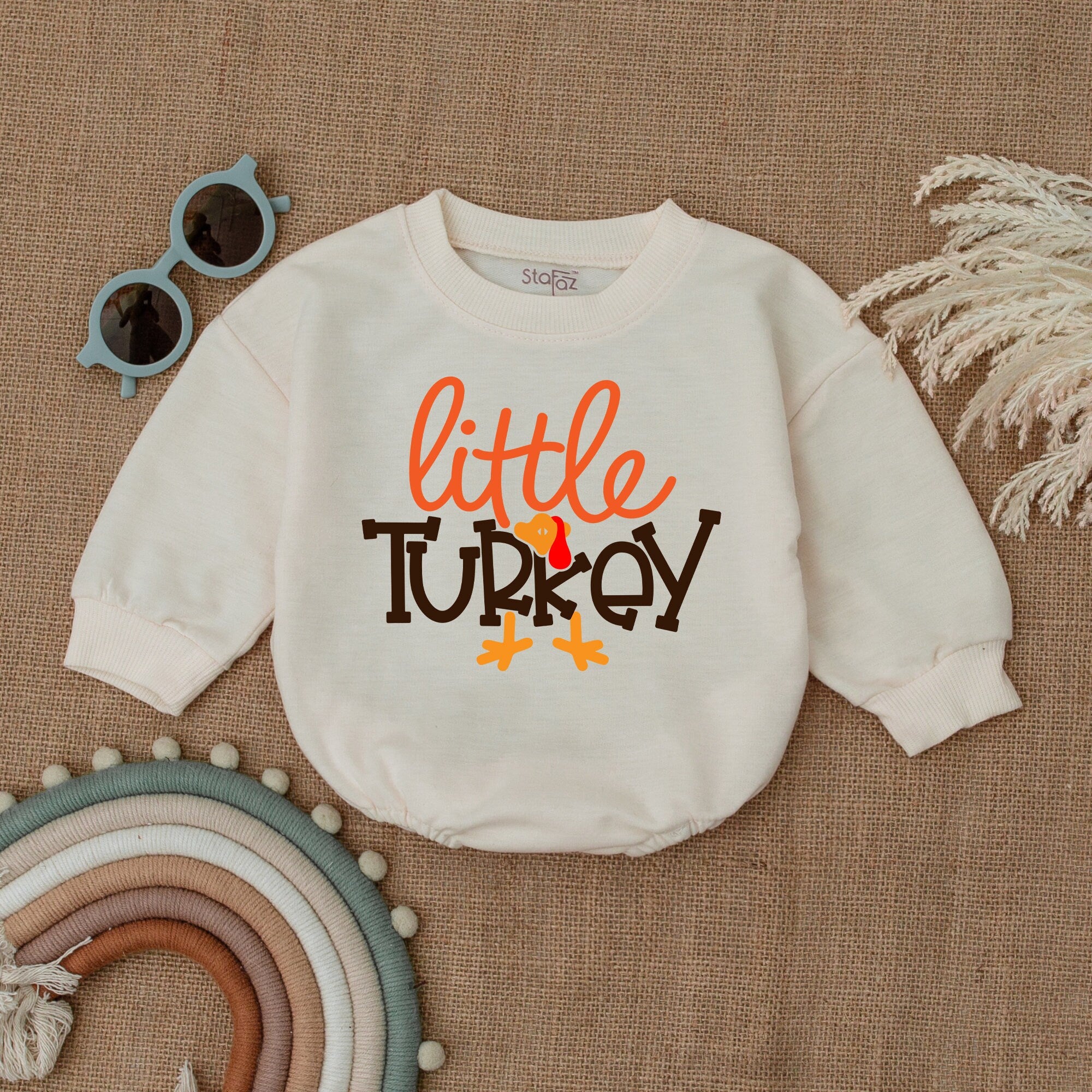 Little Turkey Baby Outfit Romper Thanksgiving Bodysuit Fun Autumn Colors Infant Gift Soft Cotton Festive Design with Leaf Motifs