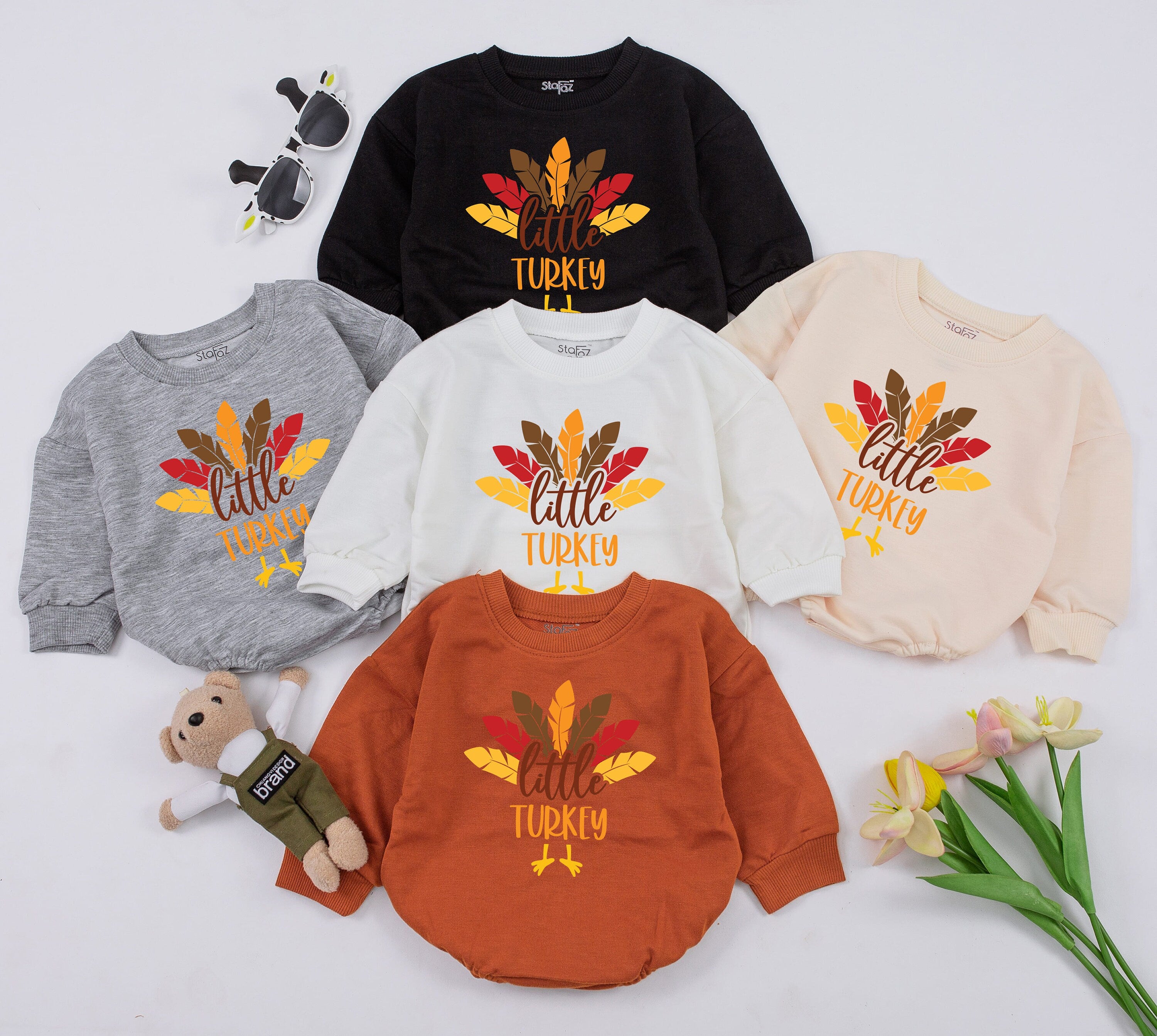 Little Turkey Thanksgiving Baby Romper Unisex Long Sleeve Bodysuit Autumn Colors Infant Outfit Holiday Coming Home Announcement