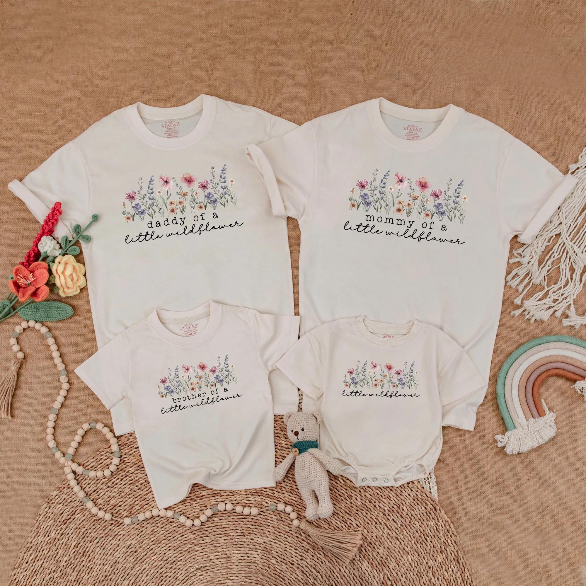 Little Wildflower Family Matching Shirts Boho Birthday Outfit Customizable Cotton Apparel Soft Pastel Floral Design Girl Party T-Shirts