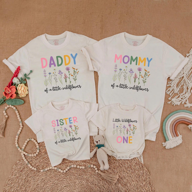 Little Wildflower Matching Family Birthday Shirts Custom Floral 1st Birthday Outfit Boho Wild One Clothes Baby Girl Gift Celebration