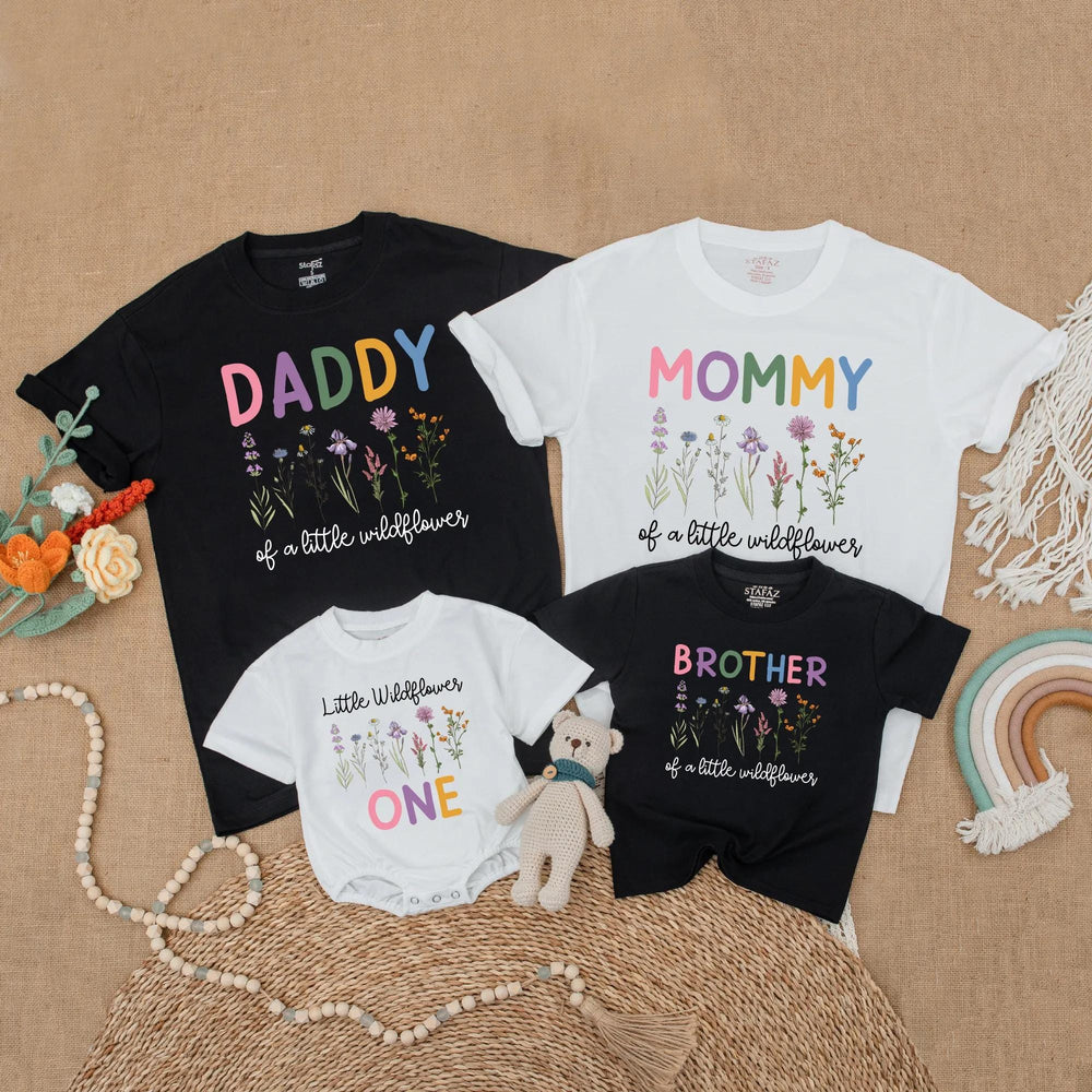 Little Wildflower Matching Family Birthday Shirts Custom Floral 1st Birthday Outfit Boho Wild One Clothes Baby Girl Gift Celebration