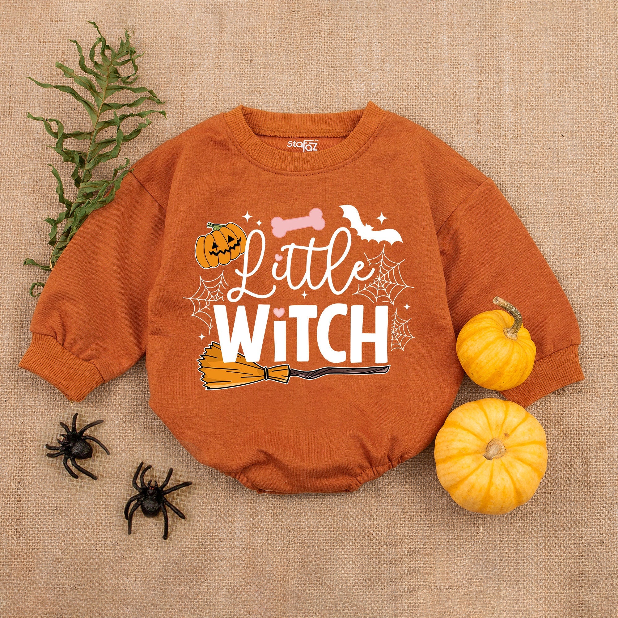 Little Witch Halloween Baby Romper with Retro Pumpkin and Bat Design Soft Cotton First Holiday Outfit for Infant Girl or Boy