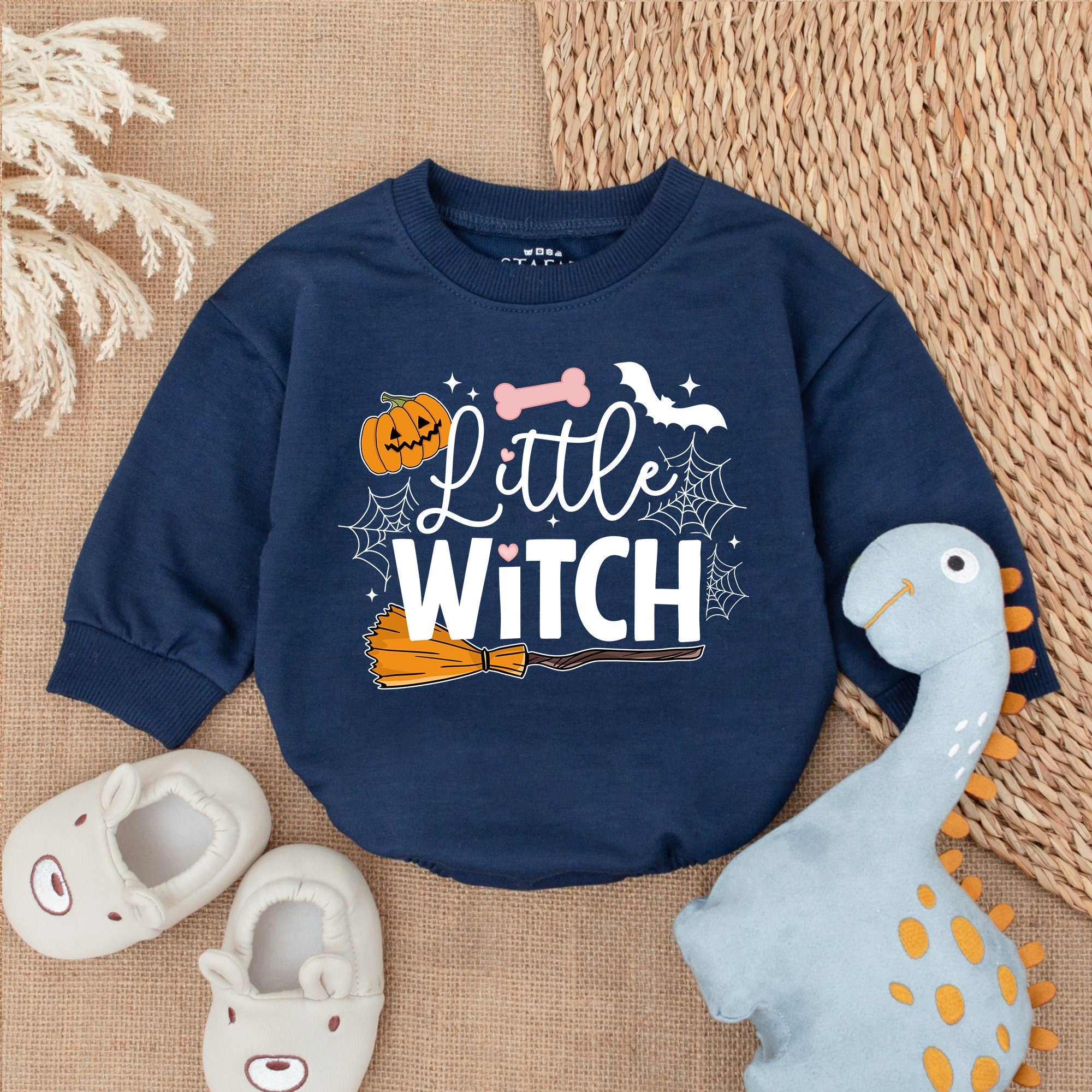Little Witch Halloween Baby Romper with Retro Pumpkin and Bat Design Soft Cotton First Holiday Outfit for Infant Girl or Boy