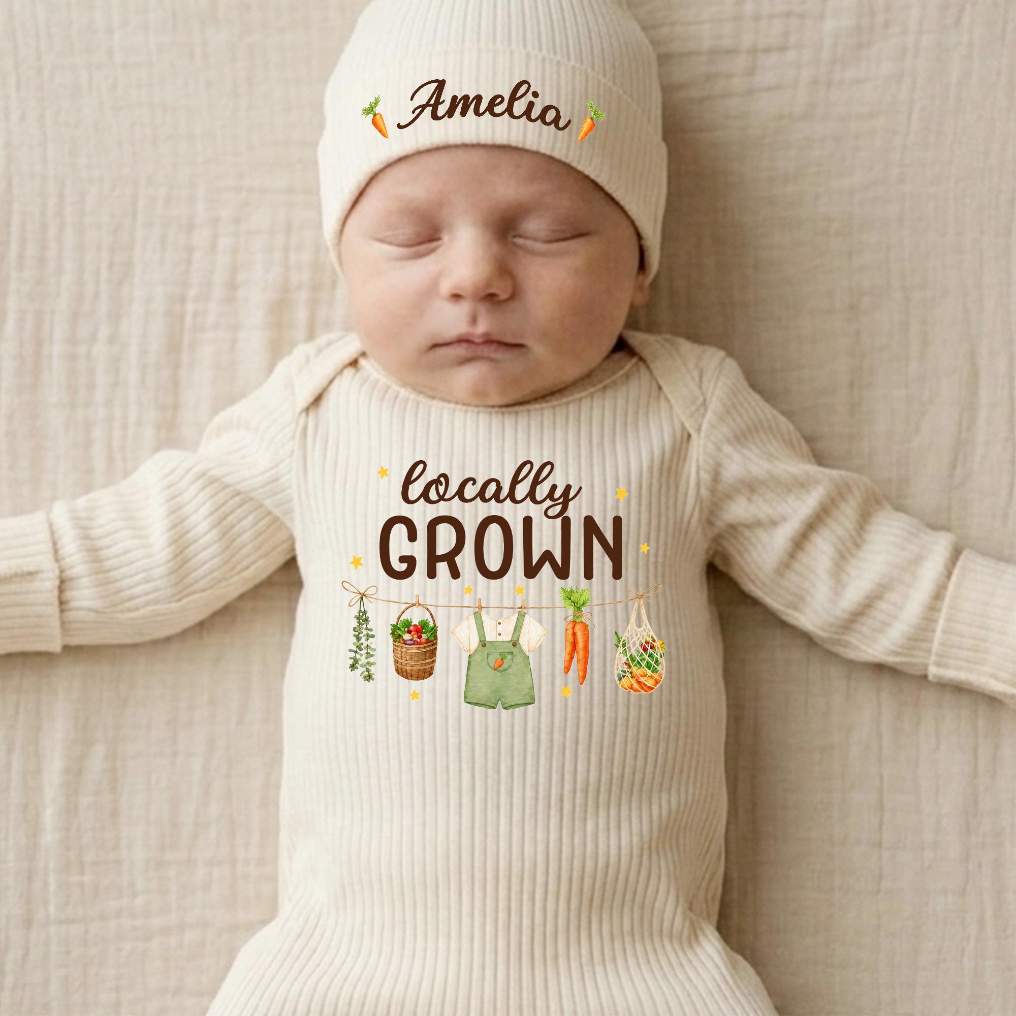 Locally Grown Baby Bodysuit and Hat Set with Custom Name, Organic Farm Newborn Outfit, Personalized Baby Shower Gift