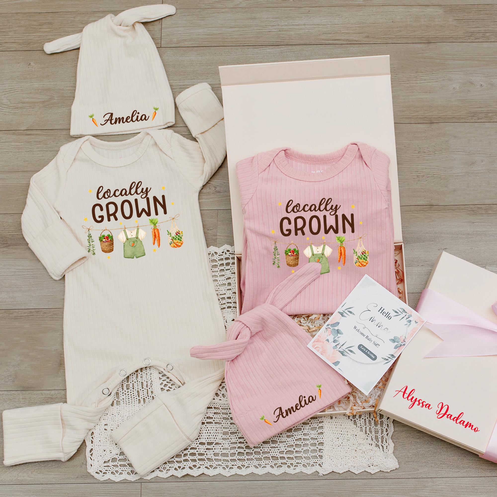 Locally Grown Baby Bodysuit and Hat Set with Custom Name, Organic Farm Newborn Outfit, Personalized Baby Shower Gift