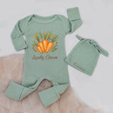 Locally Grown Baby Bodysuit and Hat Set with Orange Carrots Design Personalized Name Soft Cotton Infant Outfit Unique Baby Gift Idea