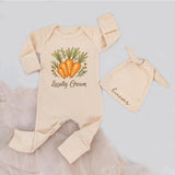 Locally Grown Baby Bodysuit and Hat Set with Orange Carrots Design Personalized Name Soft Cotton Infant Outfit Unique Baby Gift Idea