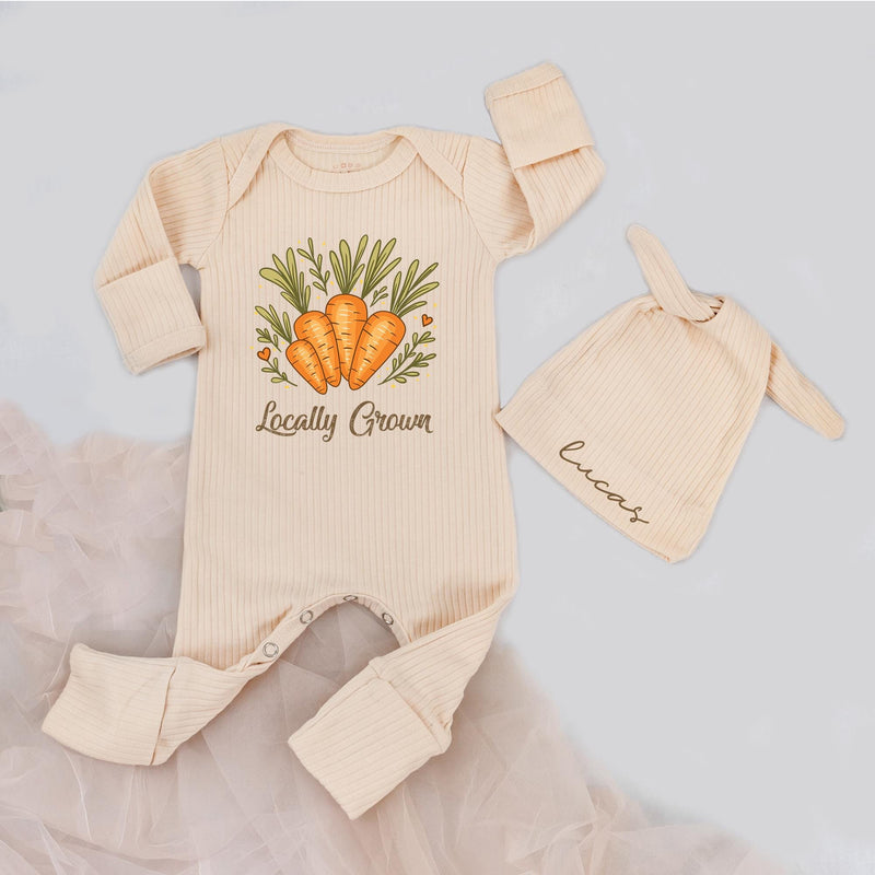 Locally Grown Baby Bodysuit and Hat Set with Orange Carrots Design Personalized Name Soft Cotton Infant Outfit Unique Baby Gift Idea
