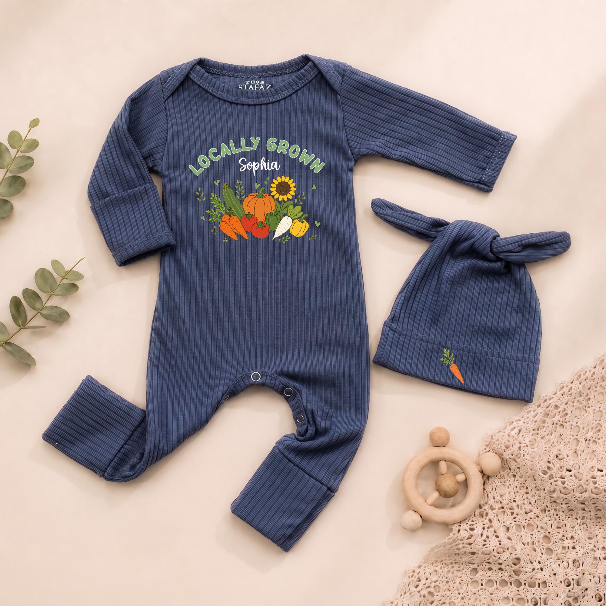 Locally Grown Baby Bodysuit and Knotted Hat Set with Custom Name, Farm-Themed Newborn Outfit, Organic Cotton Baby Shower Gift