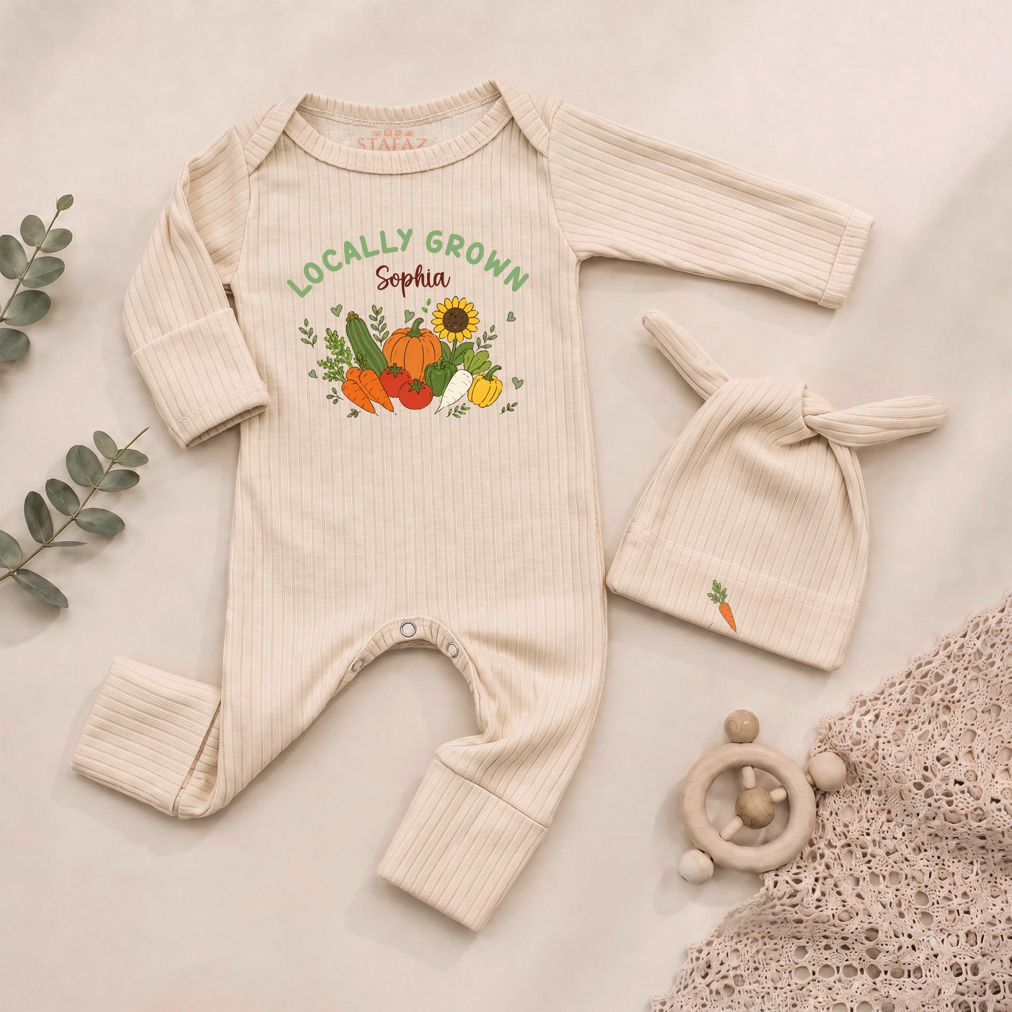 Locally Grown Baby Bodysuit and Knotted Hat Set with Custom Name, Farm-Themed Newborn Outfit, Organic Cotton Baby Shower Gift