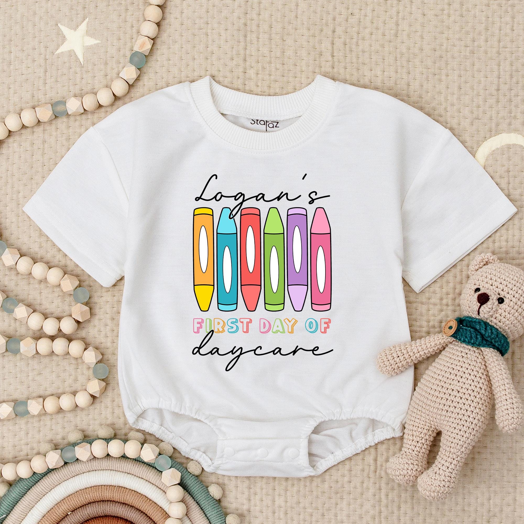 Logan's First Day of Daycare Baby Bodysuit Vibrant Crayon Design Personalized Infant Outfit Comfortable Cotton Gift
