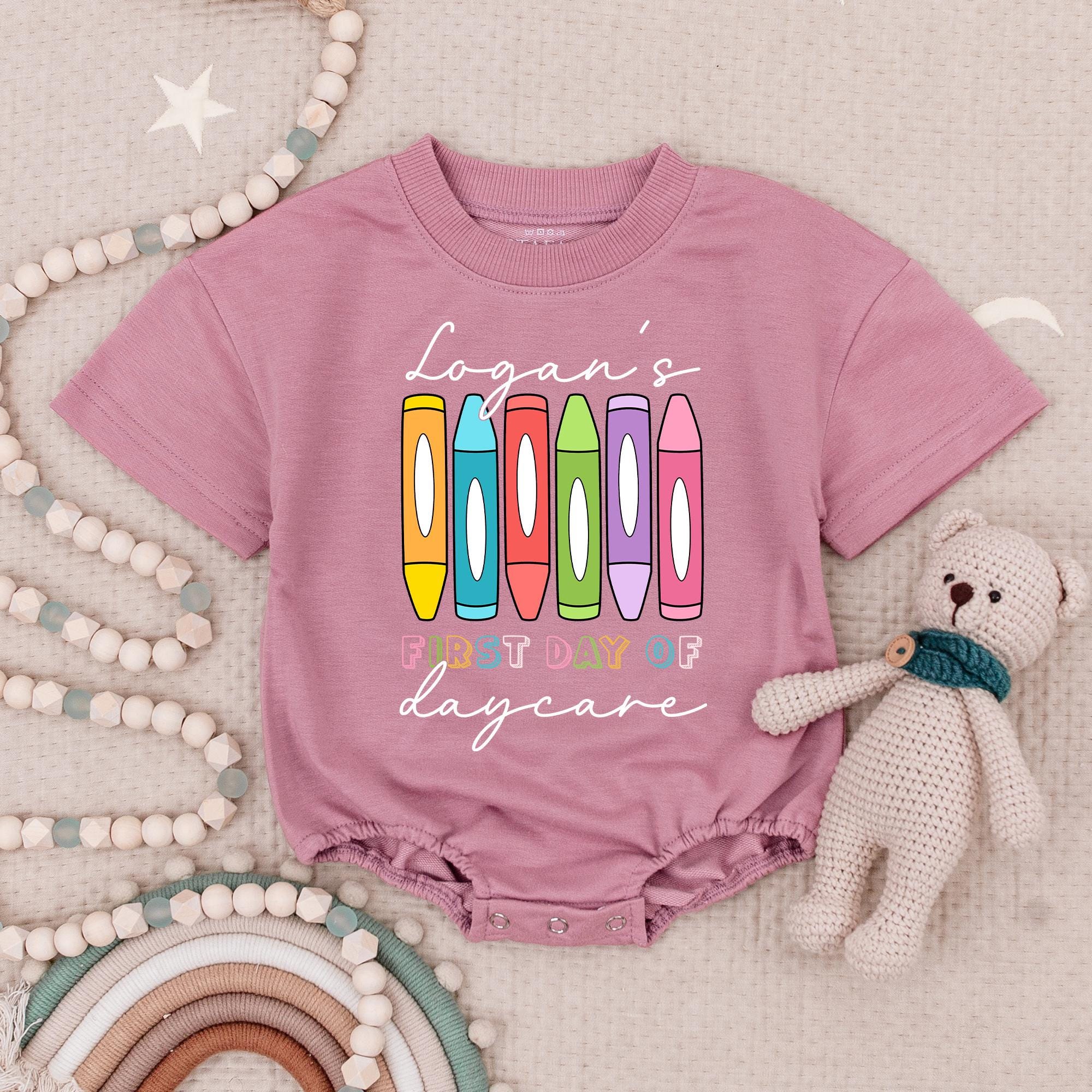 Logan's First Day of Daycare Baby Bodysuit Vibrant Crayon Design Personalized Infant Outfit Comfortable Cotton Gift