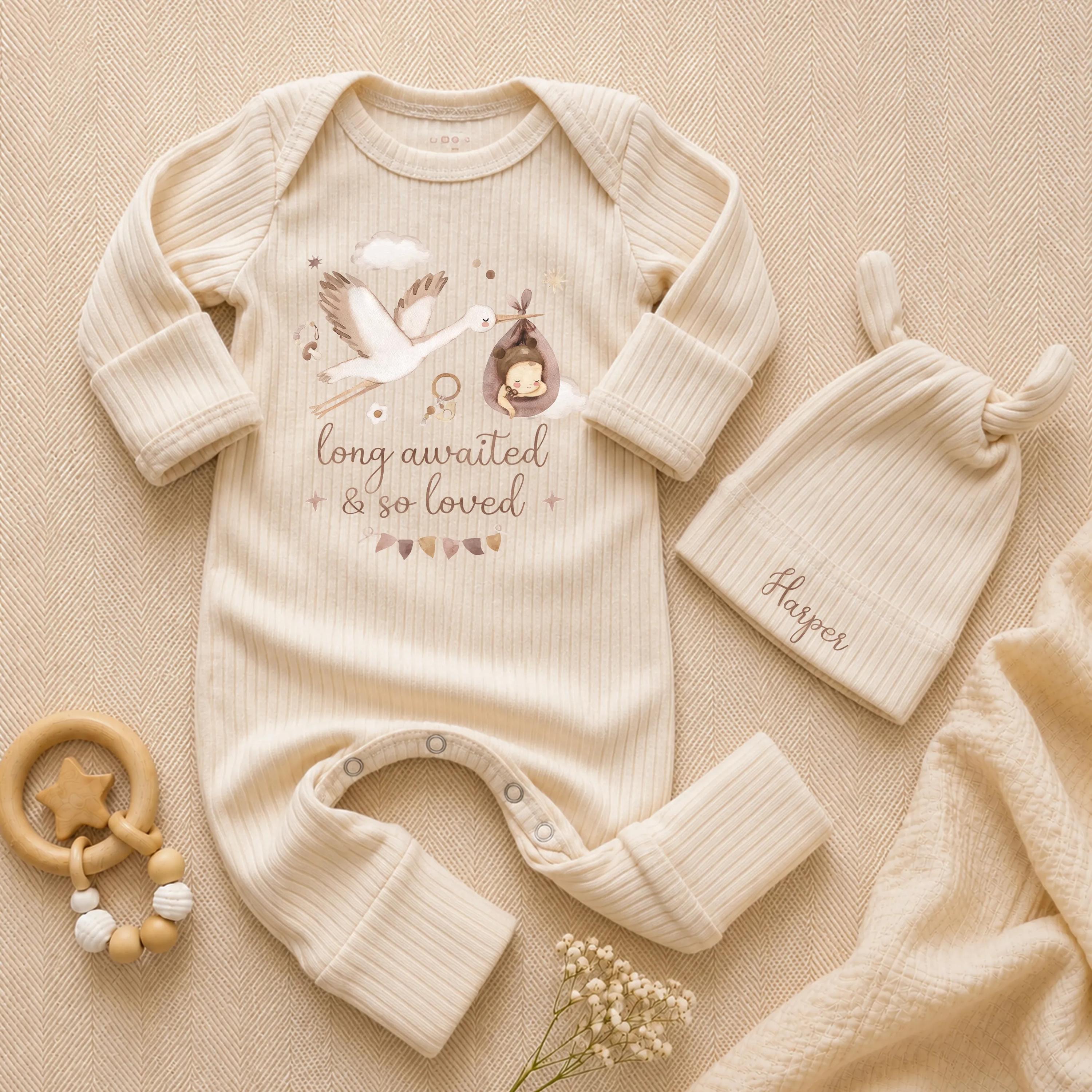 Long Awaited & So Loved Baby Romper with Stork Graphic and Custom Name Hat, Newborn Coming Home Outfit