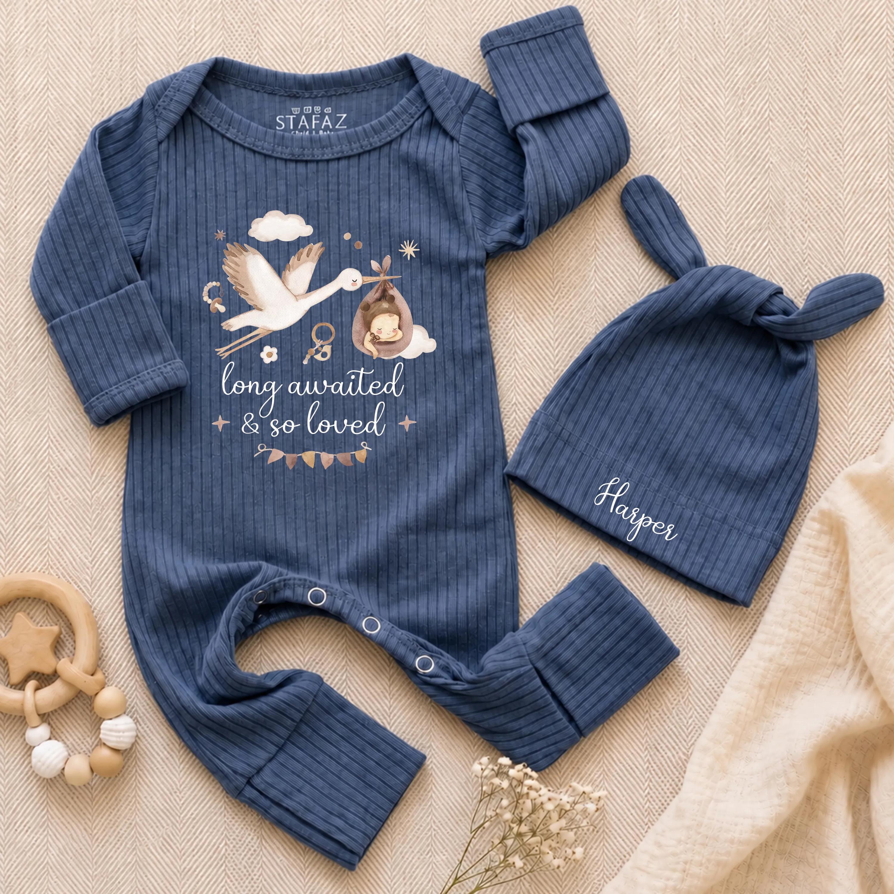 Long Awaited & So Loved Baby Romper with Stork Graphic and Custom Name Hat, Newborn Coming Home Outfit