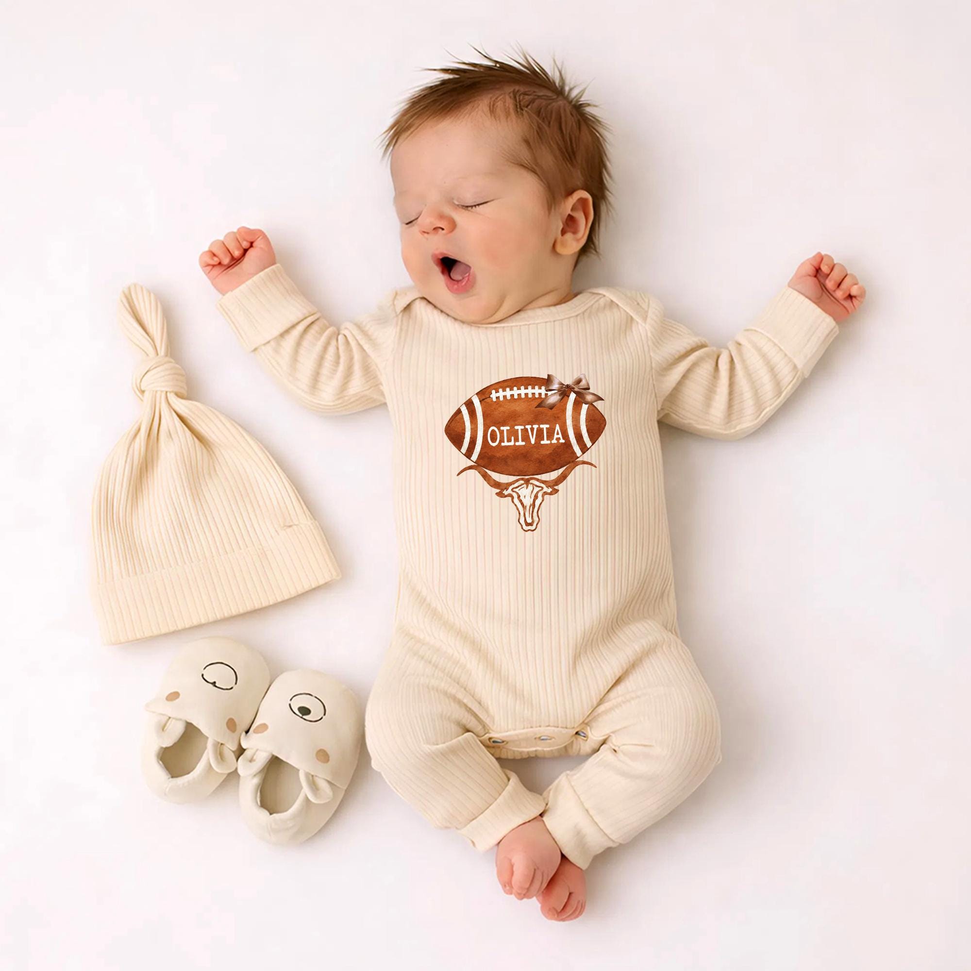 Longhorn Football Baby Bodysuit with Custom Name and Matching Hat, Western Newborn Coming Home Outfit, Country Baby Shower Gift