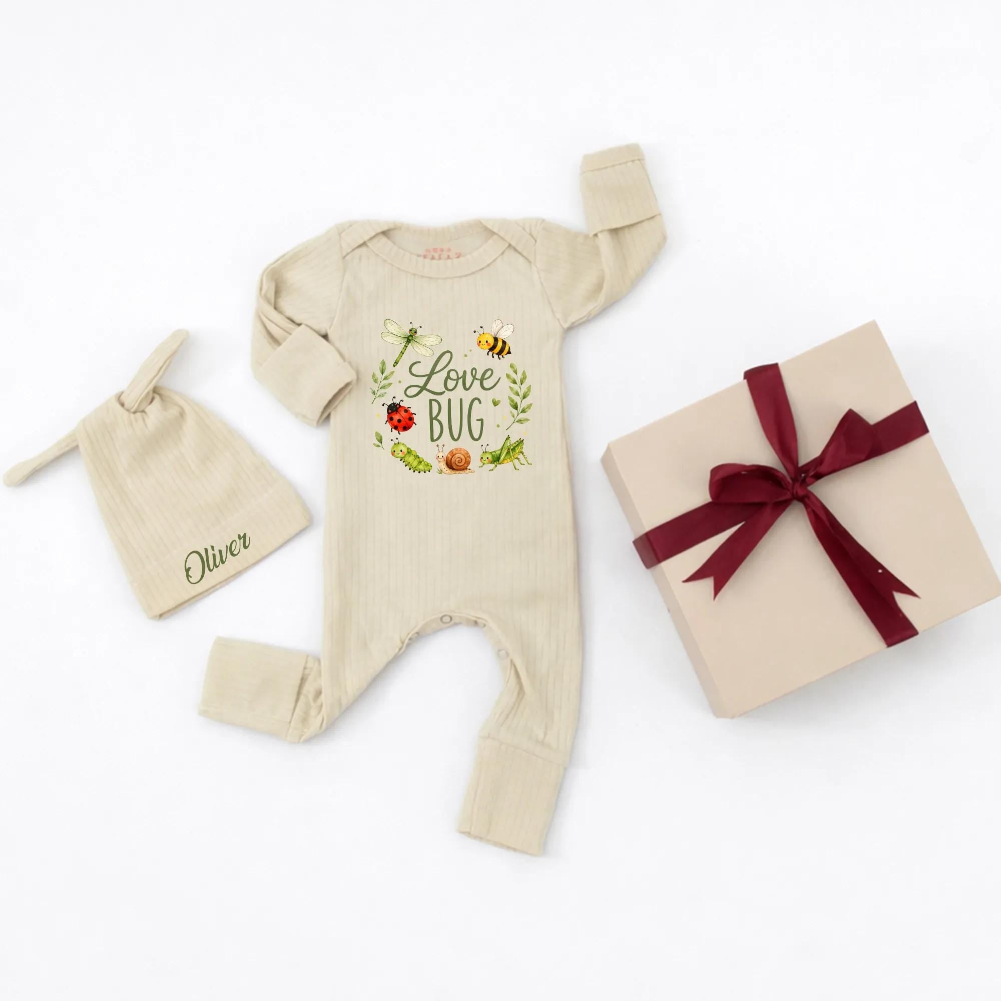Love Bug Baby Bodysuit with Ladybug and Floral Artwork, Custom Name Hat Set, Newborn Coming Home Outfit or Baby Shower Gift