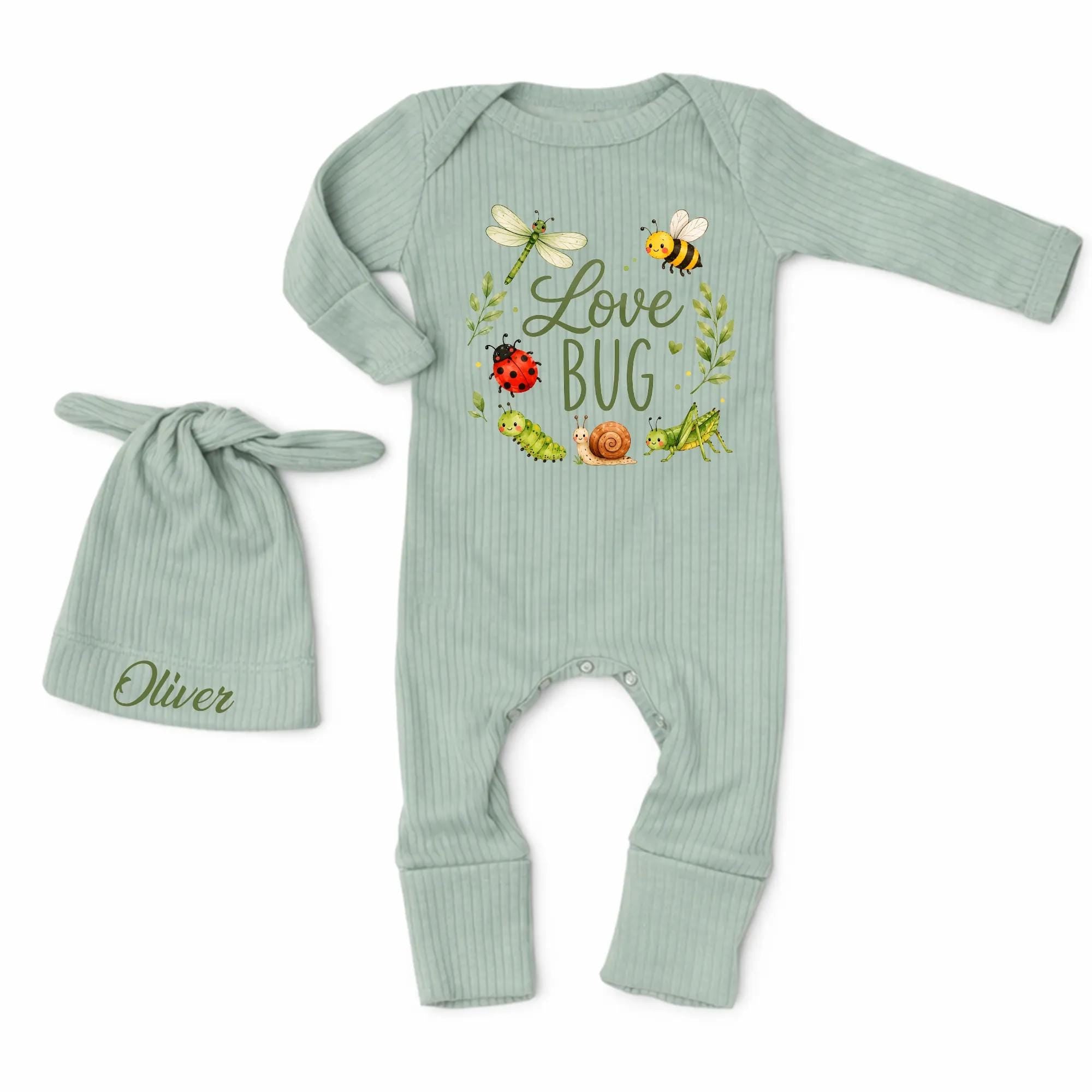 Love Bug Baby Bodysuit with Ladybug and Floral Artwork, Custom Name Hat Set, Newborn Coming Home Outfit or Baby Shower Gift