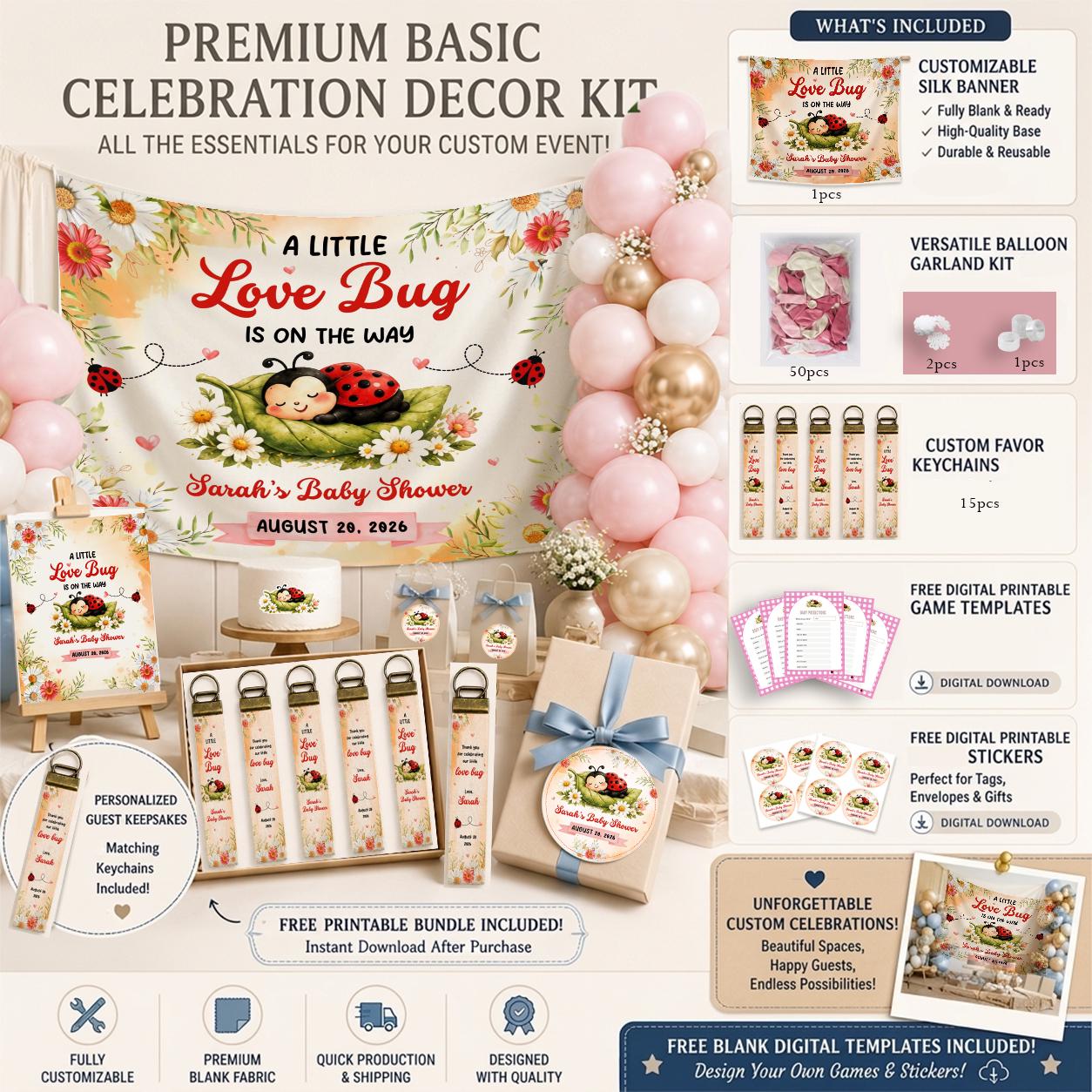 Love Bug Baby Shower Decor Kit with Ladybug Girl Banner Balloons Favors Custom Name and Date Whimsical Floral Pastel Party Decorations