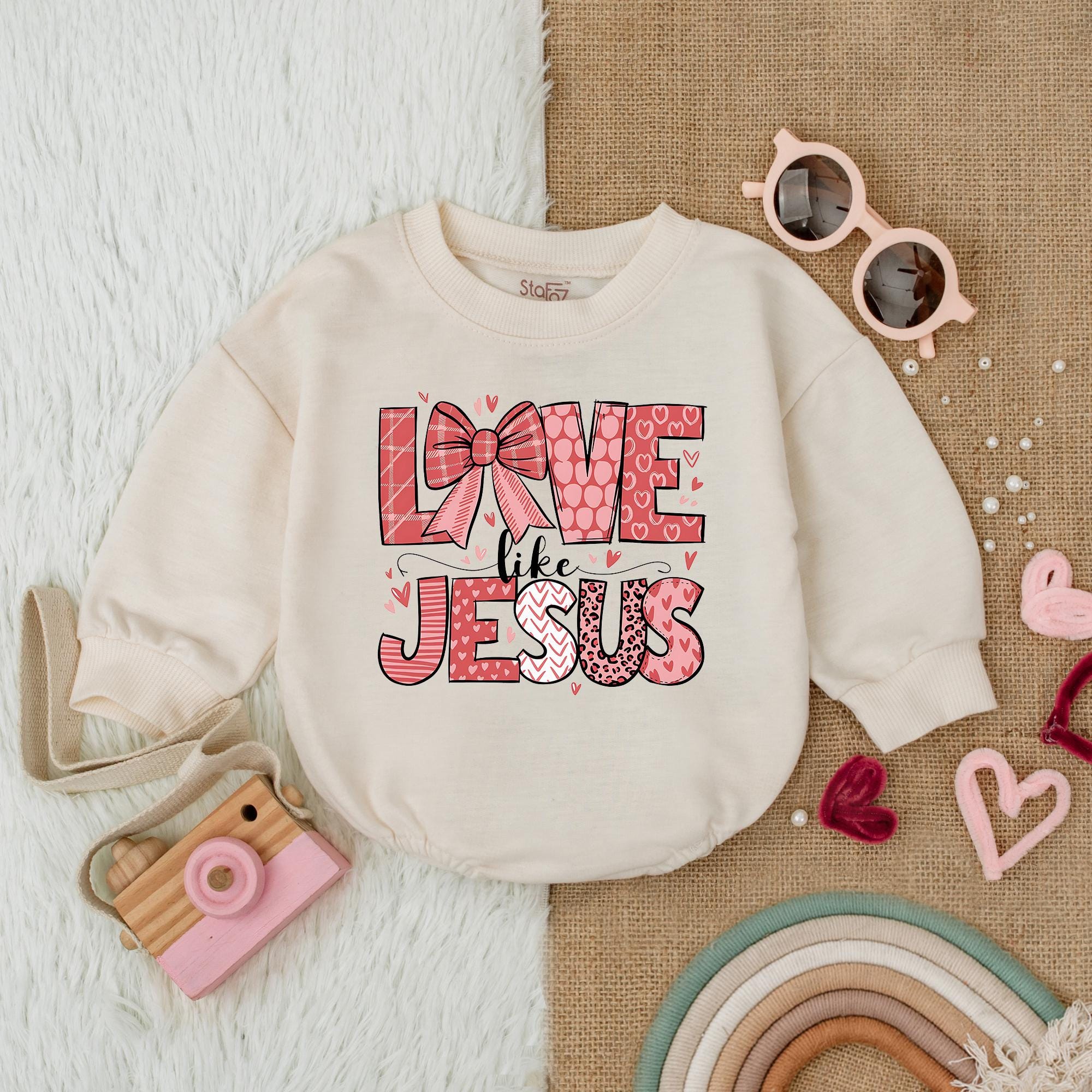 Love Like Jesus Valentine's Baby Girl Romper First Valentine's Outfit Soft Cotton Bubble Bodysuit Infant Holiday Party Clothes
