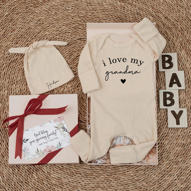 I Love My Grandma Baby Bodysuit with Custom Name Hudson Sweet Design Soft Cotton Newborn Outfit Perfect Baby Shower or Valentine Gift