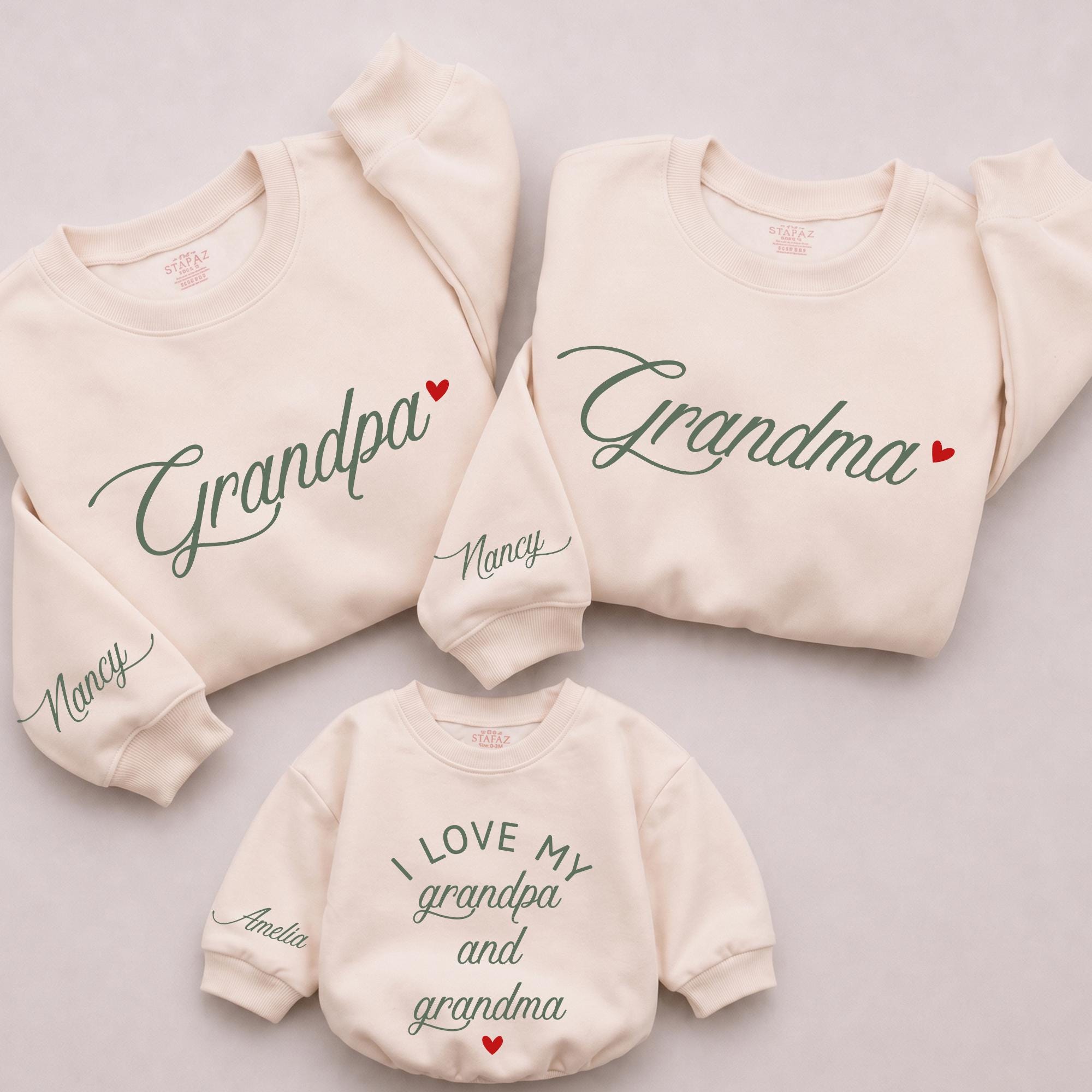 I Love My Grandpa and Grandma Matching Family Sweatshirts with Custom Names, Grandparents Day Gift, Baby Romper and Long Sleeves