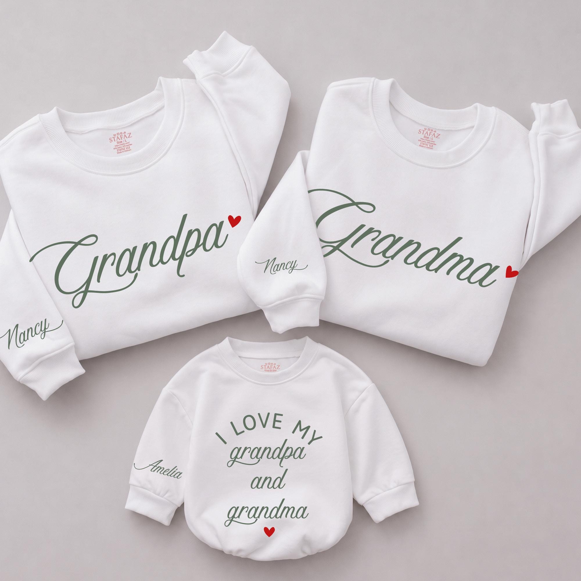 I Love My Grandpa and Grandma Matching Family Sweatshirts with Custom Names, Grandparents Day Gift, Baby Romper and Long Sleeves