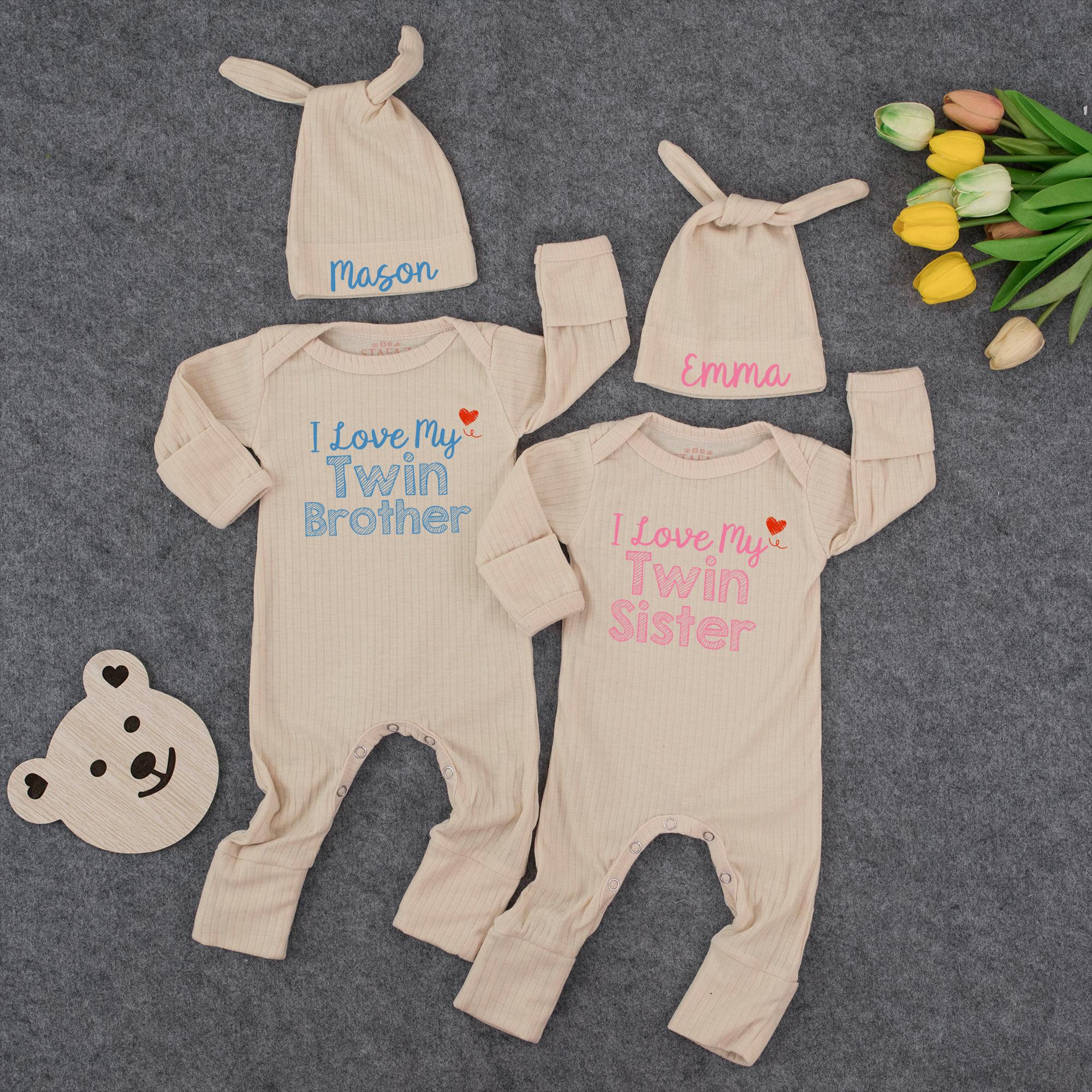 I Love My Twin Brother and Twin Sister Baby Rompers with Custom Name Hats, Newborn Twin Matching Outfits, Baby Shower Gift Set
