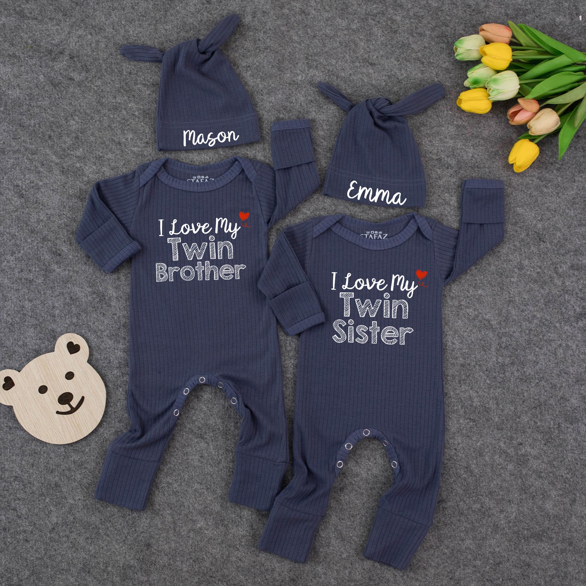 I Love My Twin Brother and Twin Sister Baby Rompers with Custom Name Hats, Newborn Twin Matching Outfits, Baby Shower Gift Set