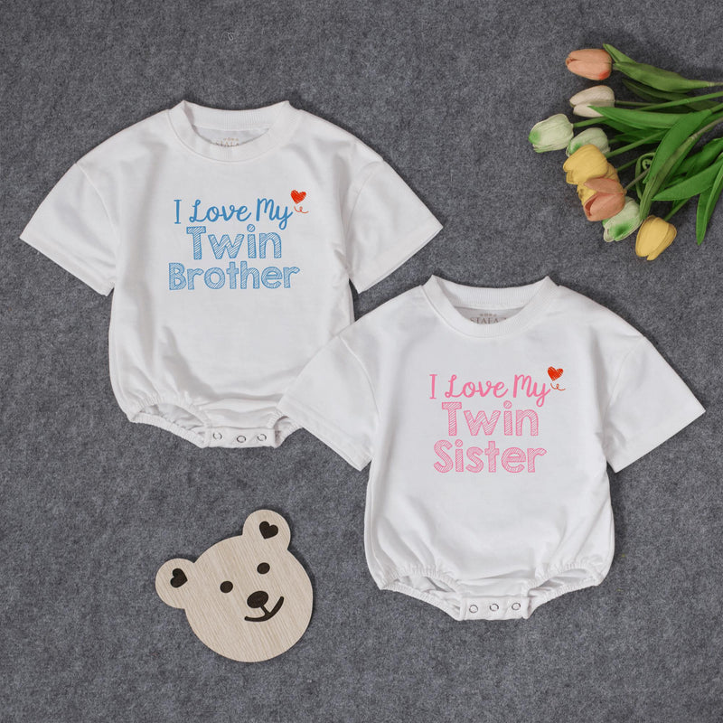 I Love My Twin Brother and Twin Sister Baby Rompers with Custom Name Hats, Newborn Twin Matching Outfits, Baby Shower Gift Set
