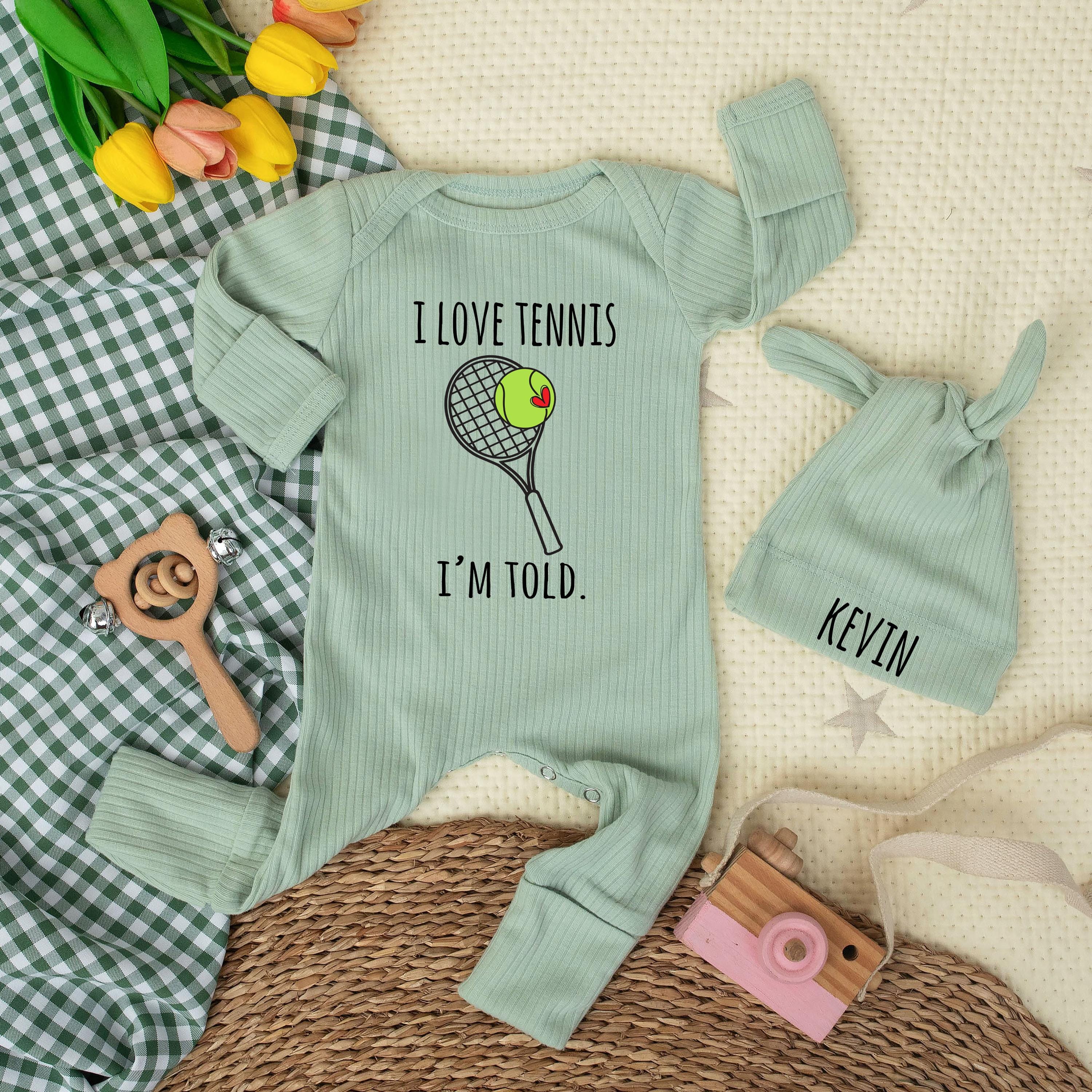 I Love Tennis I'm Told Baby Bodysuit with Racket Graphic and Custom Name Hat, Newborn Outfit, Baby Shower Gift Set