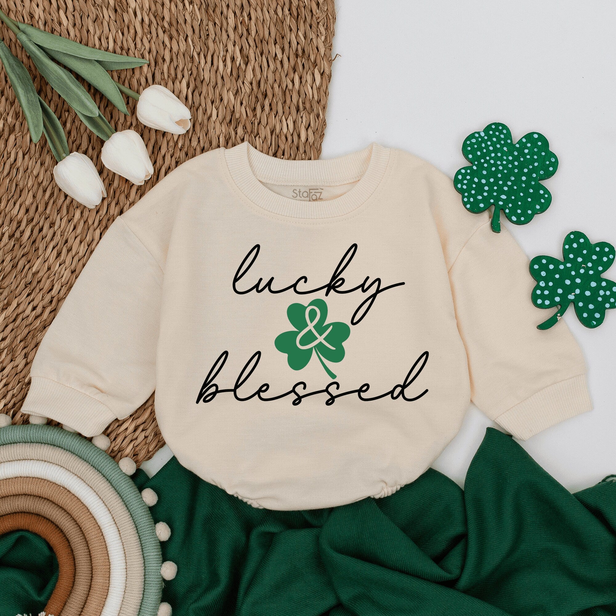 Lucky & Blessed Baby Romper with Green Shamrock Design St. Patrick's Day Outfit Soft Cotton Newborn Gift Infant Clothes Irish Holiday
