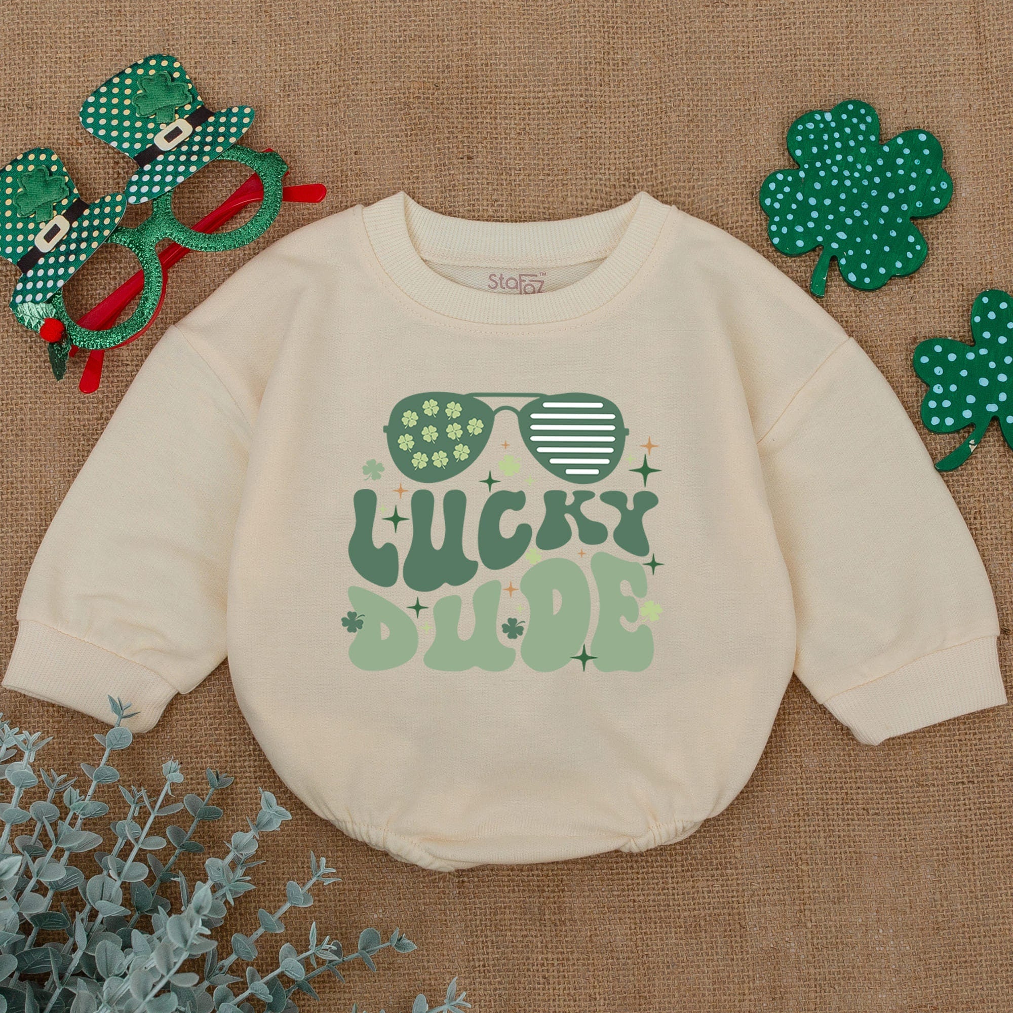 Lucky Dude Baby Romper with Green Sunglasses Festive Saint Patrick's Day Outfit Soft Cotton Infant Bodysuit Newborn Holiday Gift
