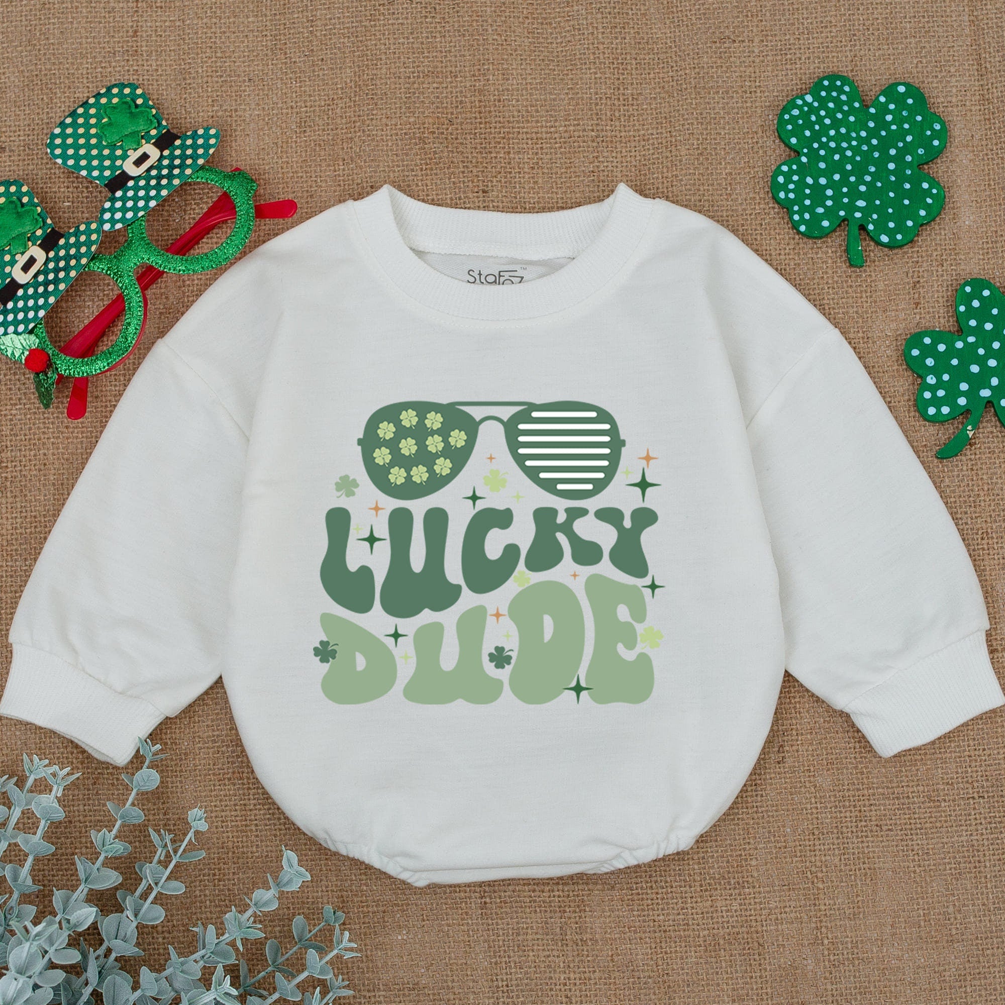 Lucky Dude Baby Romper with Green Sunglasses Festive Saint Patrick's Day Outfit Soft Cotton Infant Bodysuit Newborn Holiday Gift