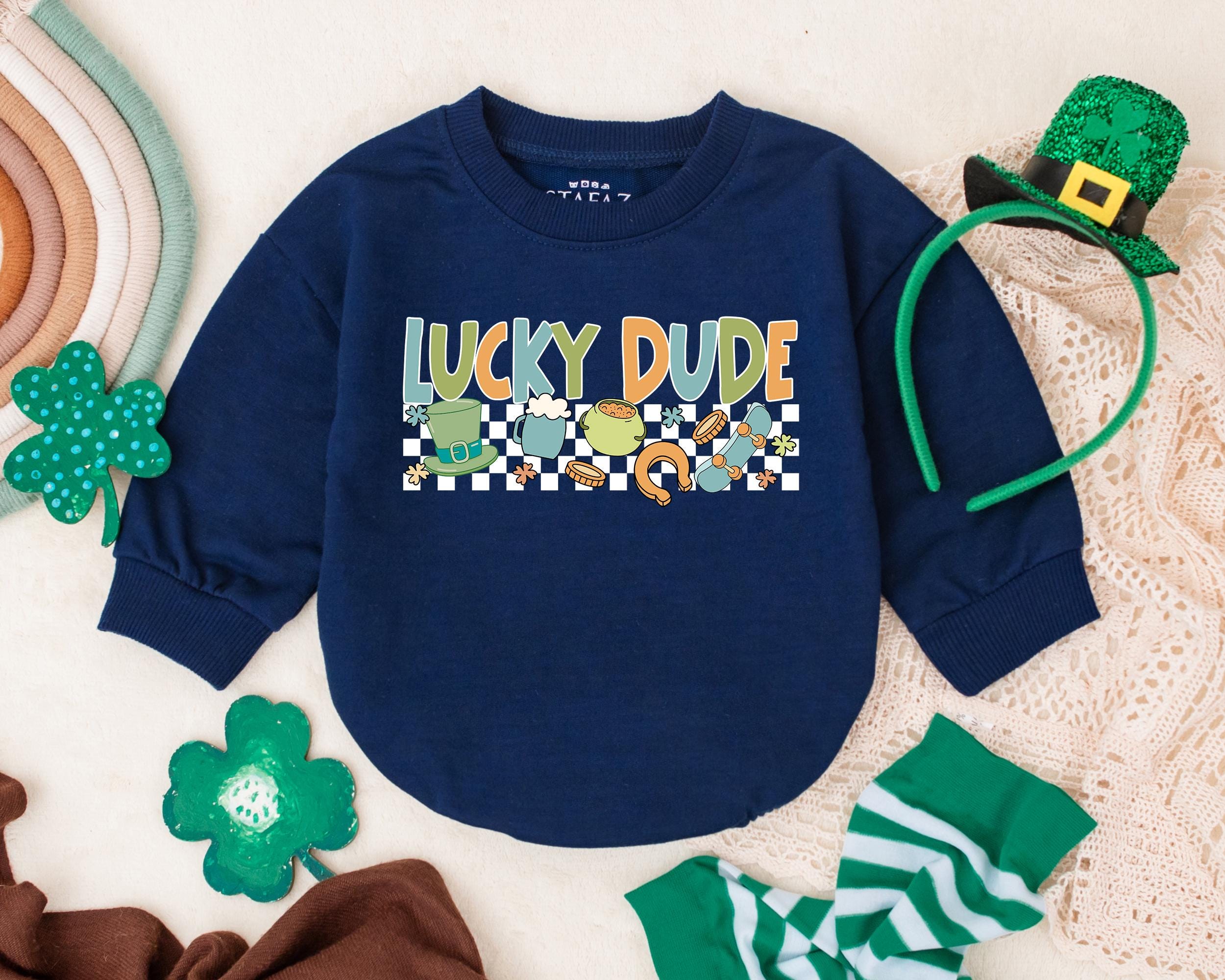 Lucky Dude St Patrick's Day Romper for Baby Boys Girls Fun Irish Infant Outfit Bodysuit with Colorful Letters Leprechaun Hat Rainbow