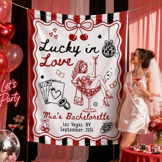 Lucky in Love Silk Bachelorette Banner with Custom Bride Name, Vegas Theme Backdrop for Party Decorations, September 2026