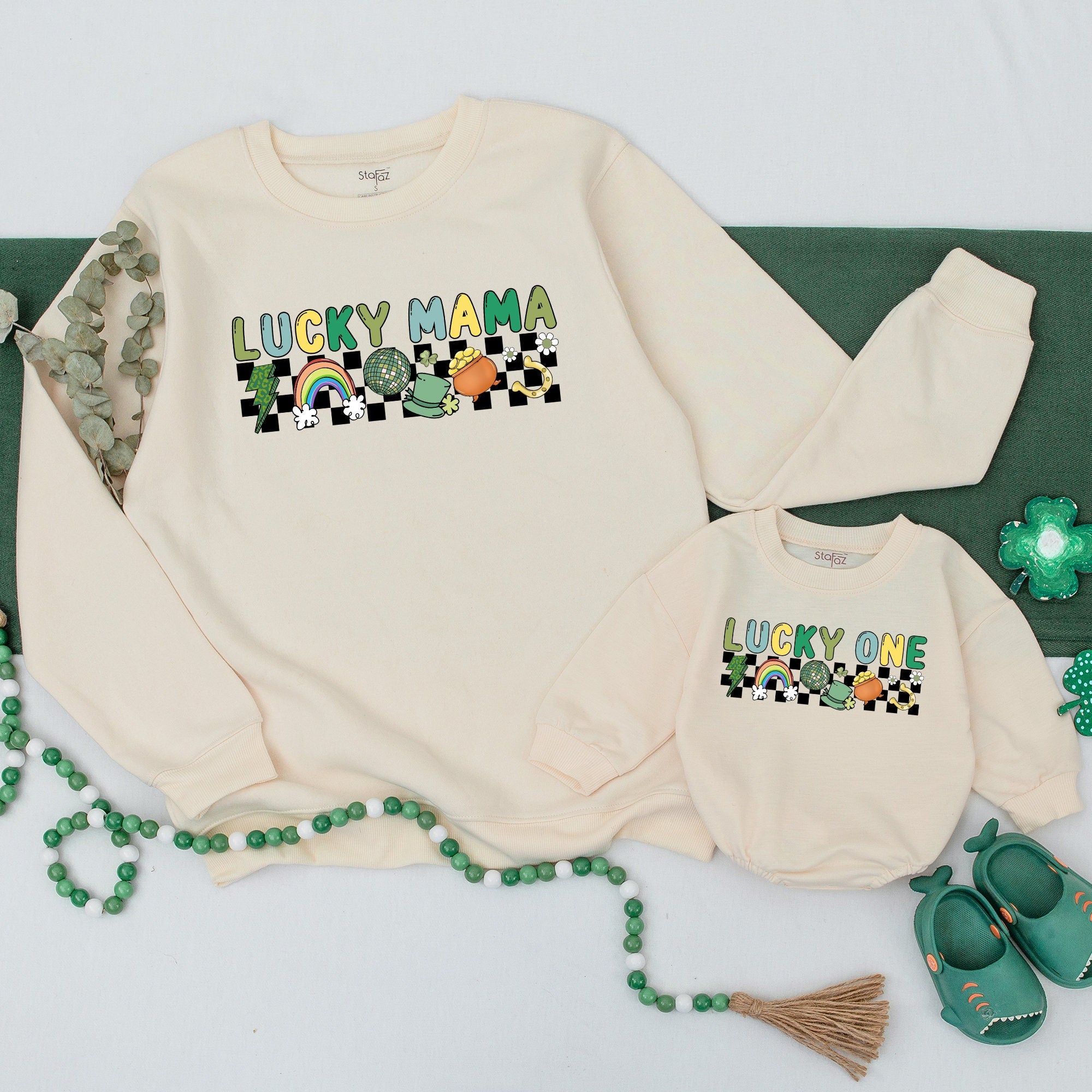 Lucky Mama and One Matching Family Shirts Vibrant Green Yellow Shamrock Rainbow Design St Patrick's Day Birthday Outfit Personalized Gift
