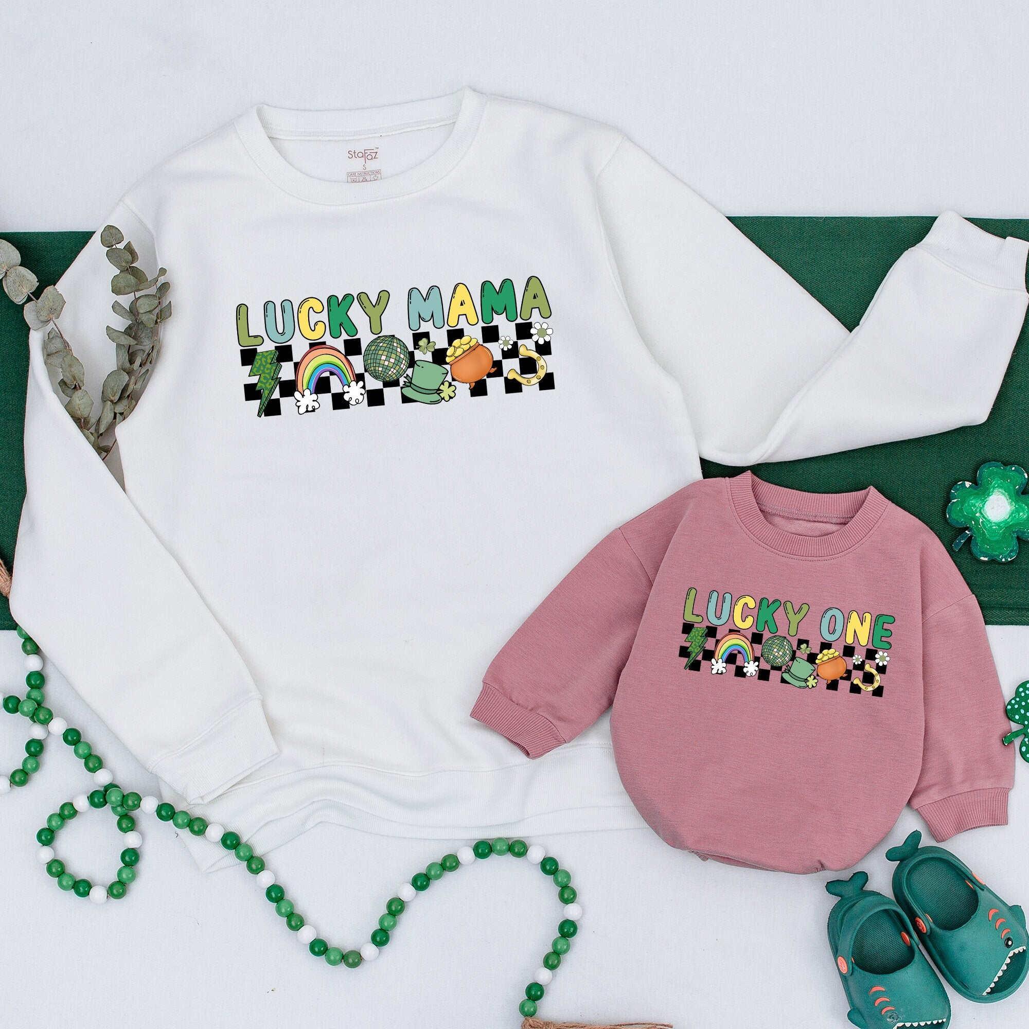 Lucky Mama and One Matching Family Shirts Vibrant Green Yellow Shamrock Rainbow Design St Patrick's Day Birthday Outfit Personalized Gift